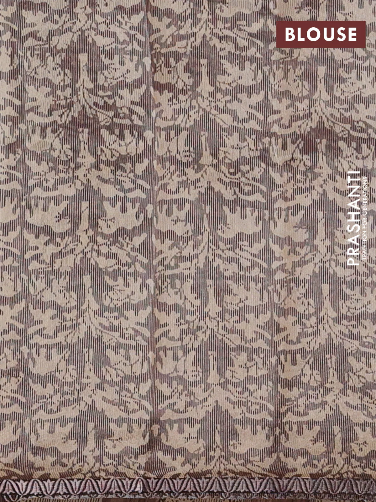 Chanderi silk cotton saree beige and brown with allover prints and small zari woven border - Image 4