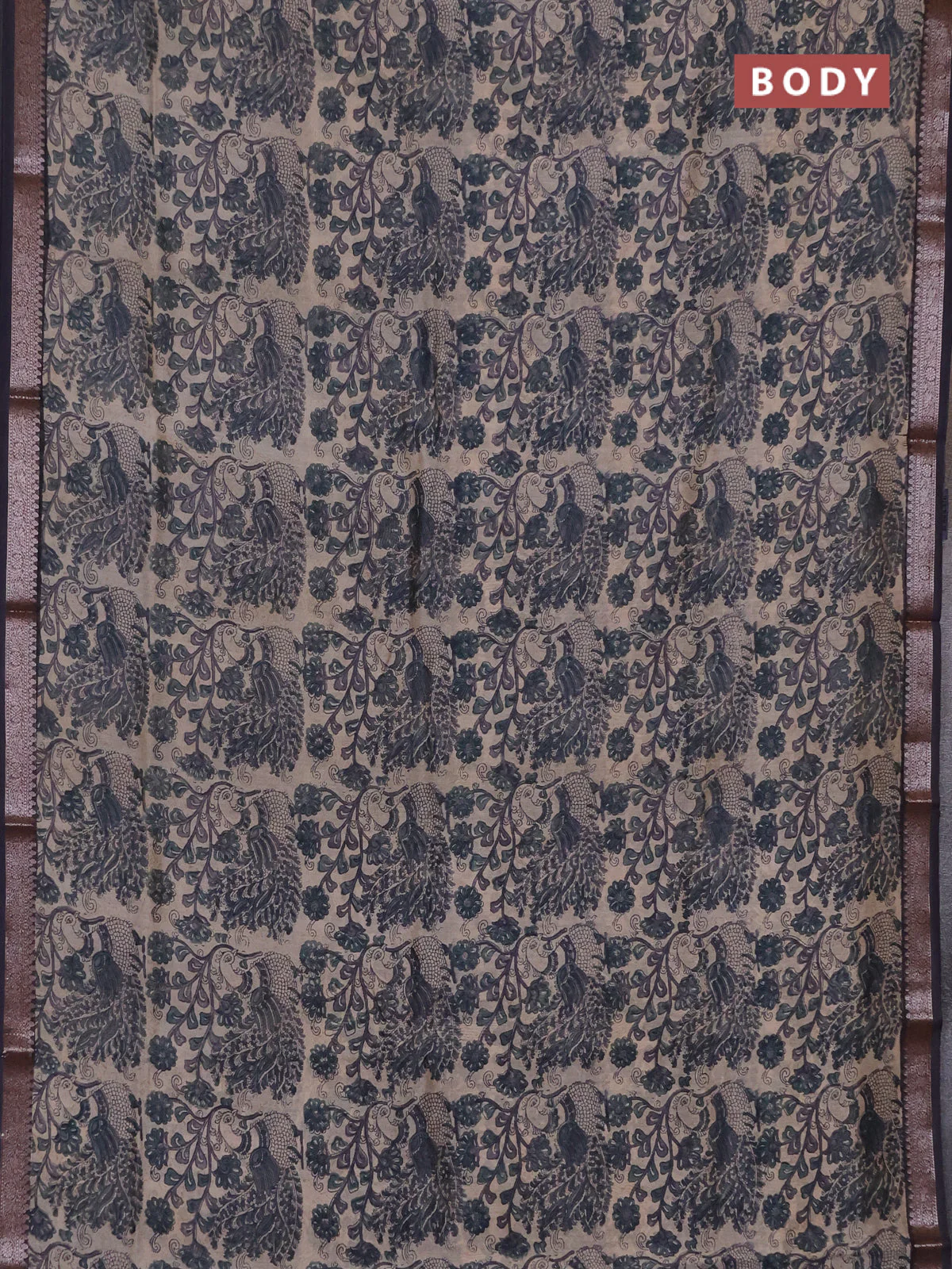Chanderi silk cotton saree beige and elephant grey with allover prints and banarasi style border - Image 2