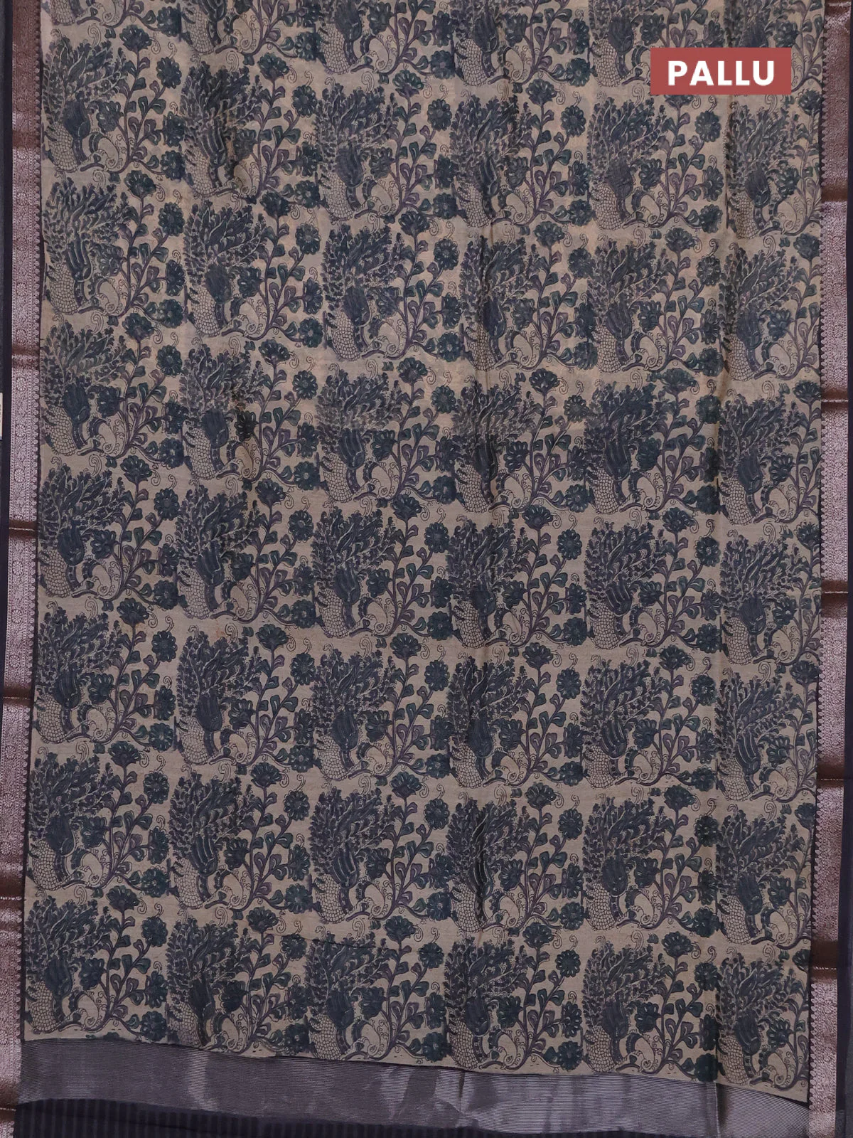 Chanderi silk cotton saree beige and elephant grey with allover prints and banarasi style border - Image 3