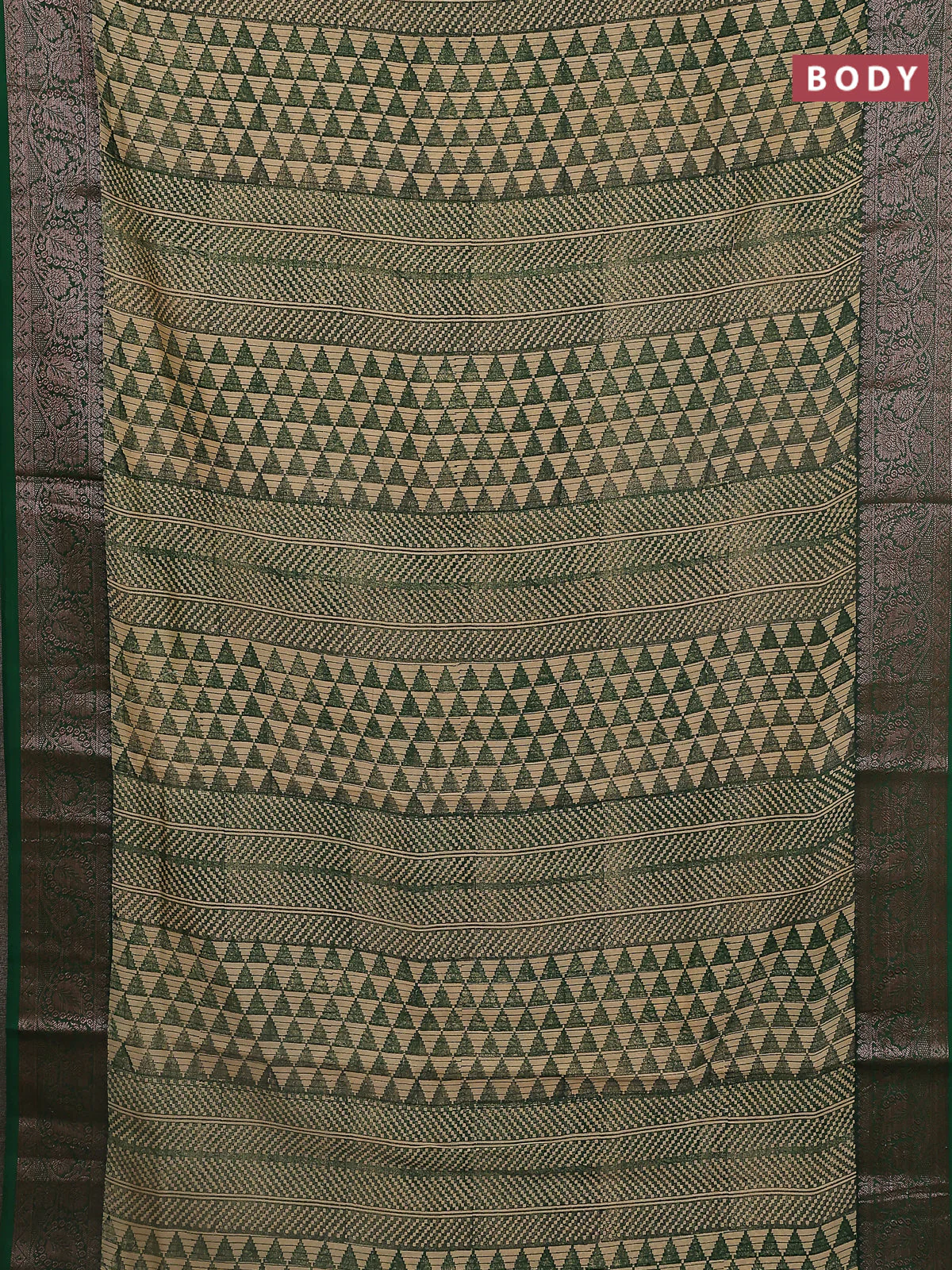 Chanderi silk cotton saree beige and green with allover prints and banarasi style border - Image 2