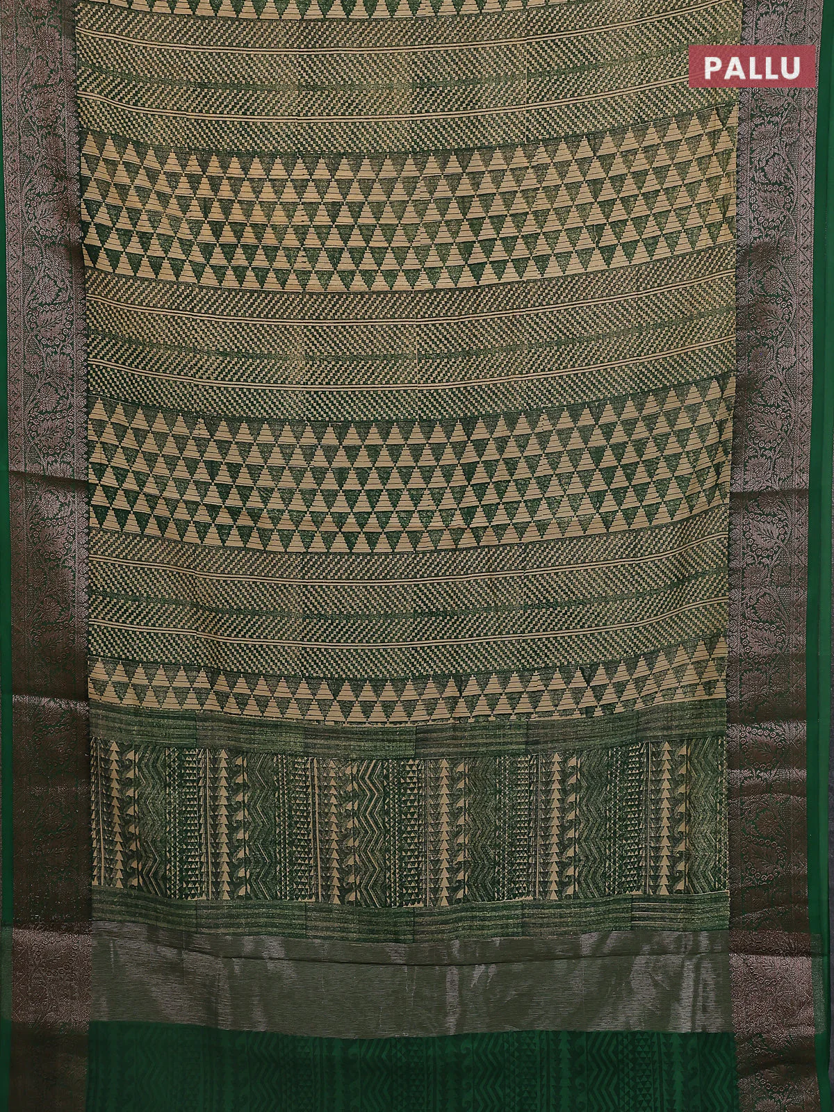 Chanderi silk cotton saree beige and green with allover prints and banarasi style border - Image 3