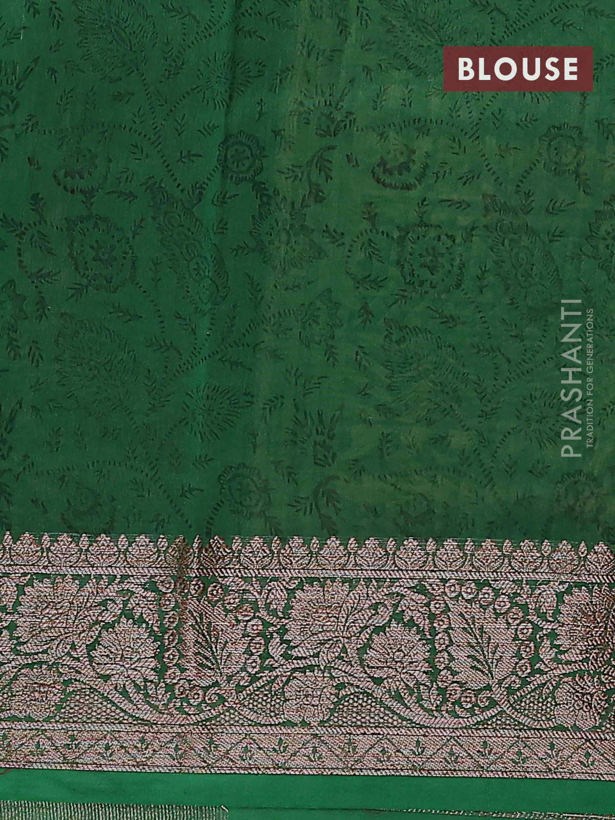 Chanderi silk cotton saree beige and green with allover prints and banarasi style border - Image 4