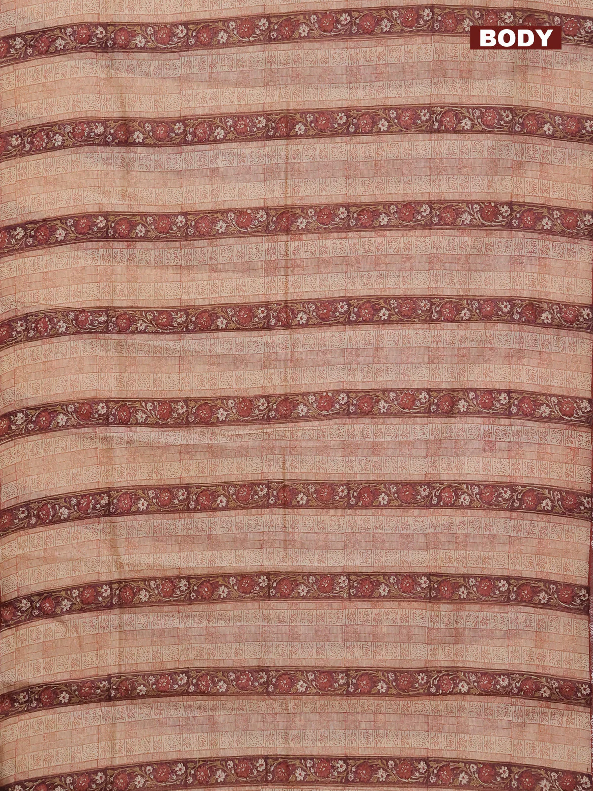 Chanderi silk cotton saree beige and maroon shade with allover prints and small zari woven border - Image 2