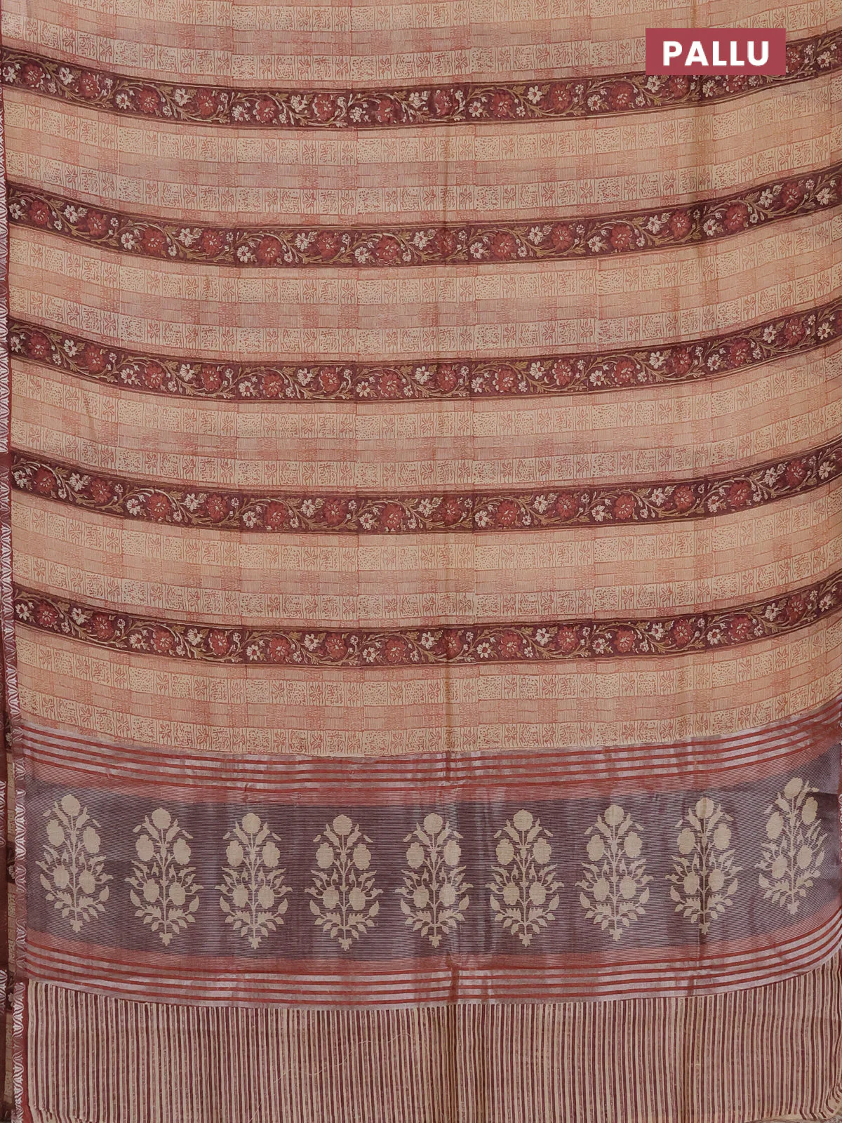 Chanderi silk cotton saree beige and maroon shade with allover prints and small zari woven border - Image 3