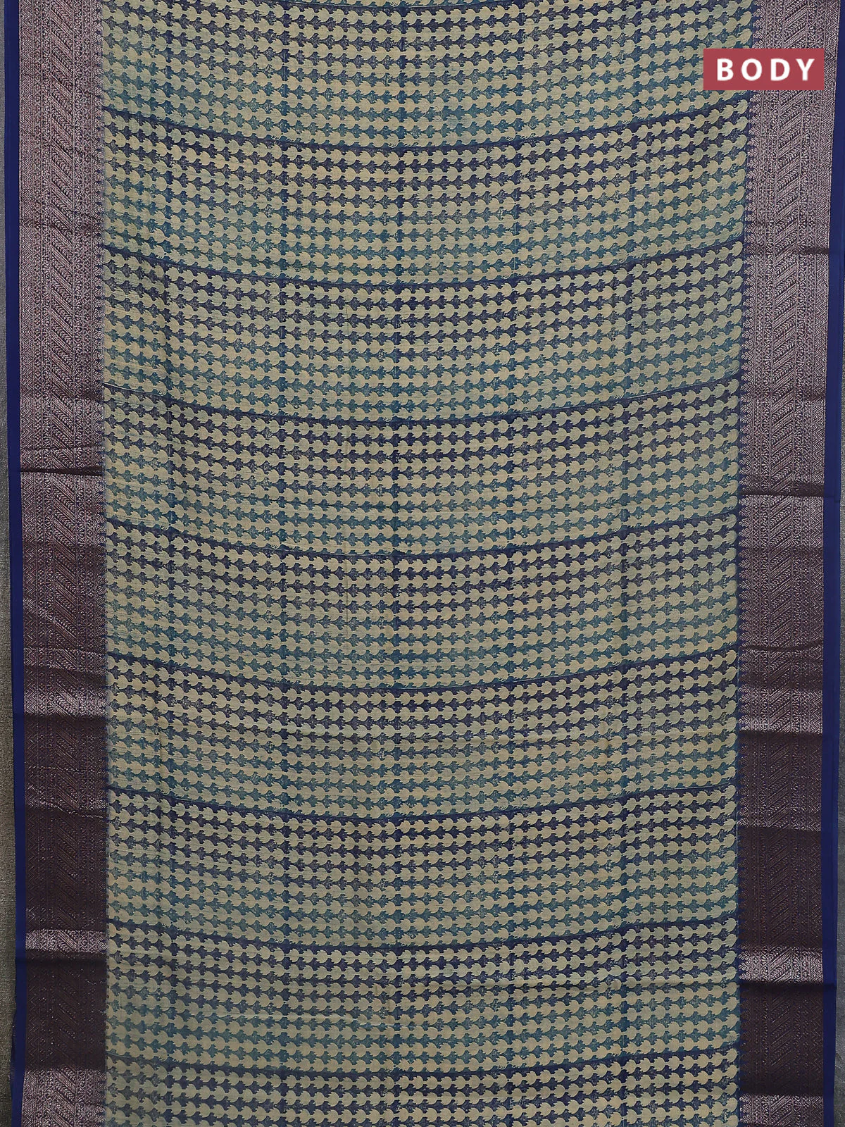 Chanderi silk cotton saree beige and navy blue with allover prints  and banarasi style border - Image 2