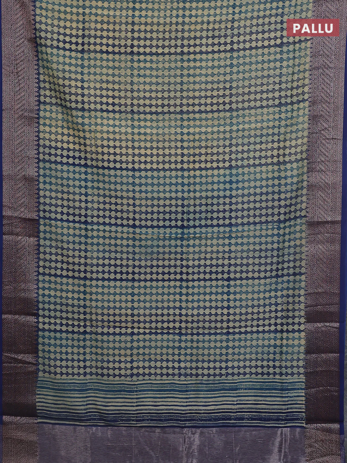 Chanderi silk cotton saree beige and navy blue with allover prints  and banarasi style border - Image 3