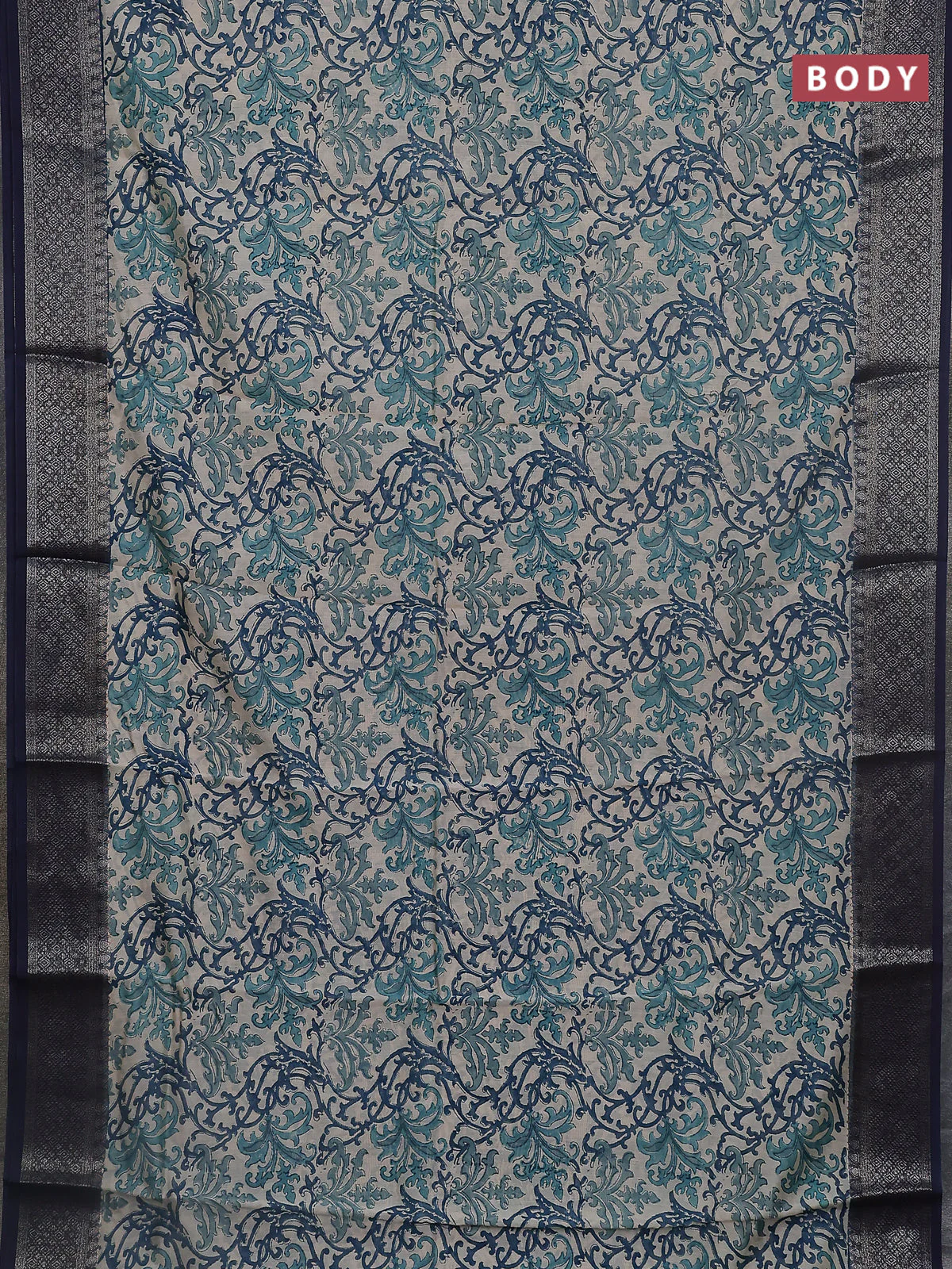 Chanderi silk cotton saree beige and navy blue with allover prints and banarasi style border - Image 2