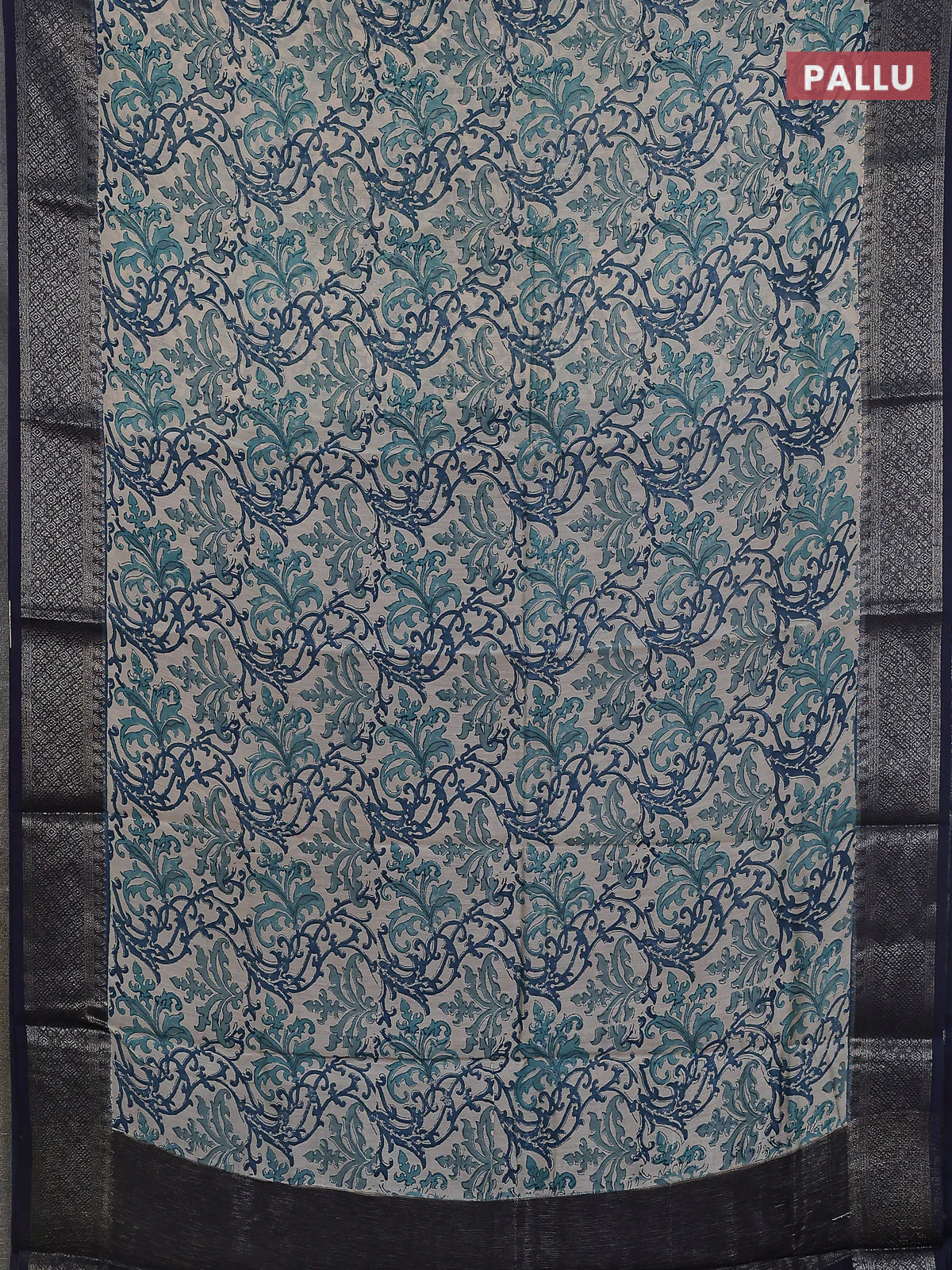 Chanderi silk cotton saree beige and navy blue with allover prints and banarasi style border - Image 3