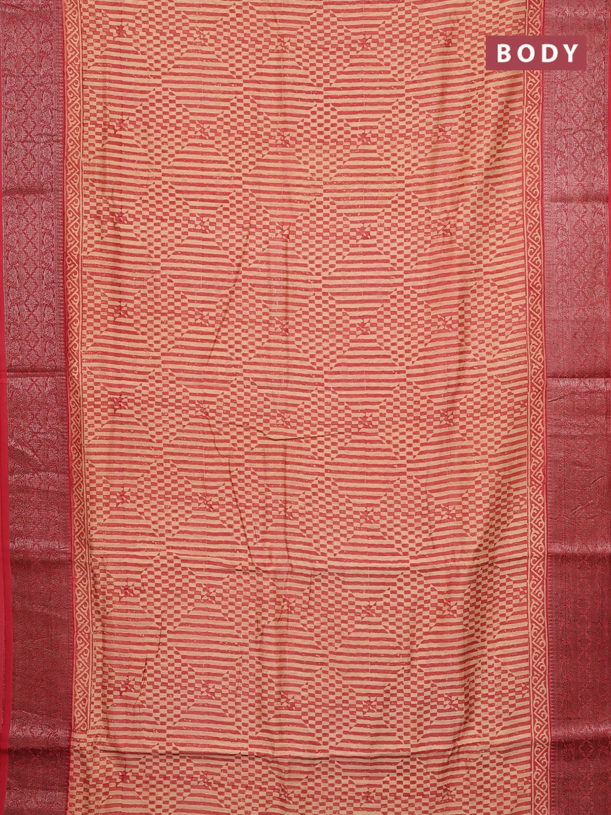 Chanderi silk cotton saree beige and peach shade red with allover prints and banarasi style border - Image 2