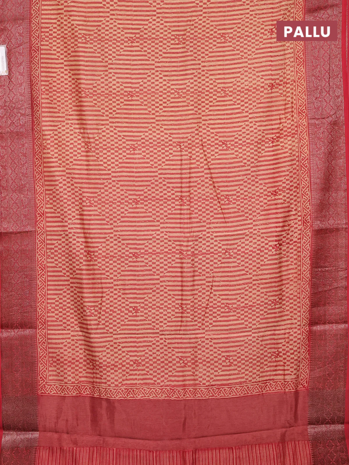 Chanderi silk cotton saree beige and peach shade red with allover prints and banarasi style border - Image 3