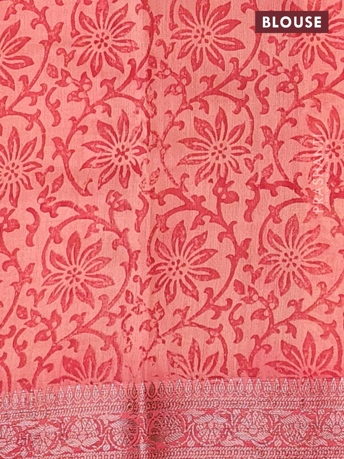 Chanderi silk cotton saree beige and peach shade red with allover prints and banarasi style border - Image 4
