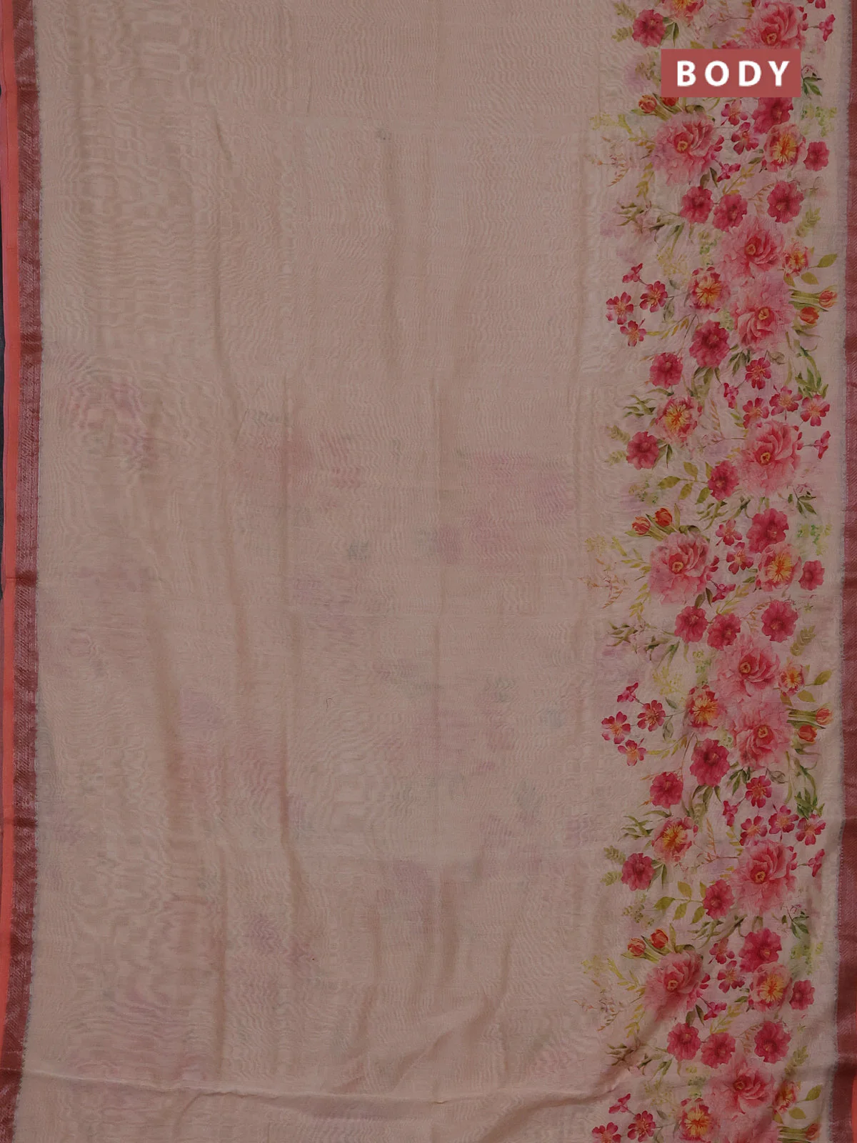 Chanderi silk cotton saree beige and peach with allover prints and banarasi style border - Image 2