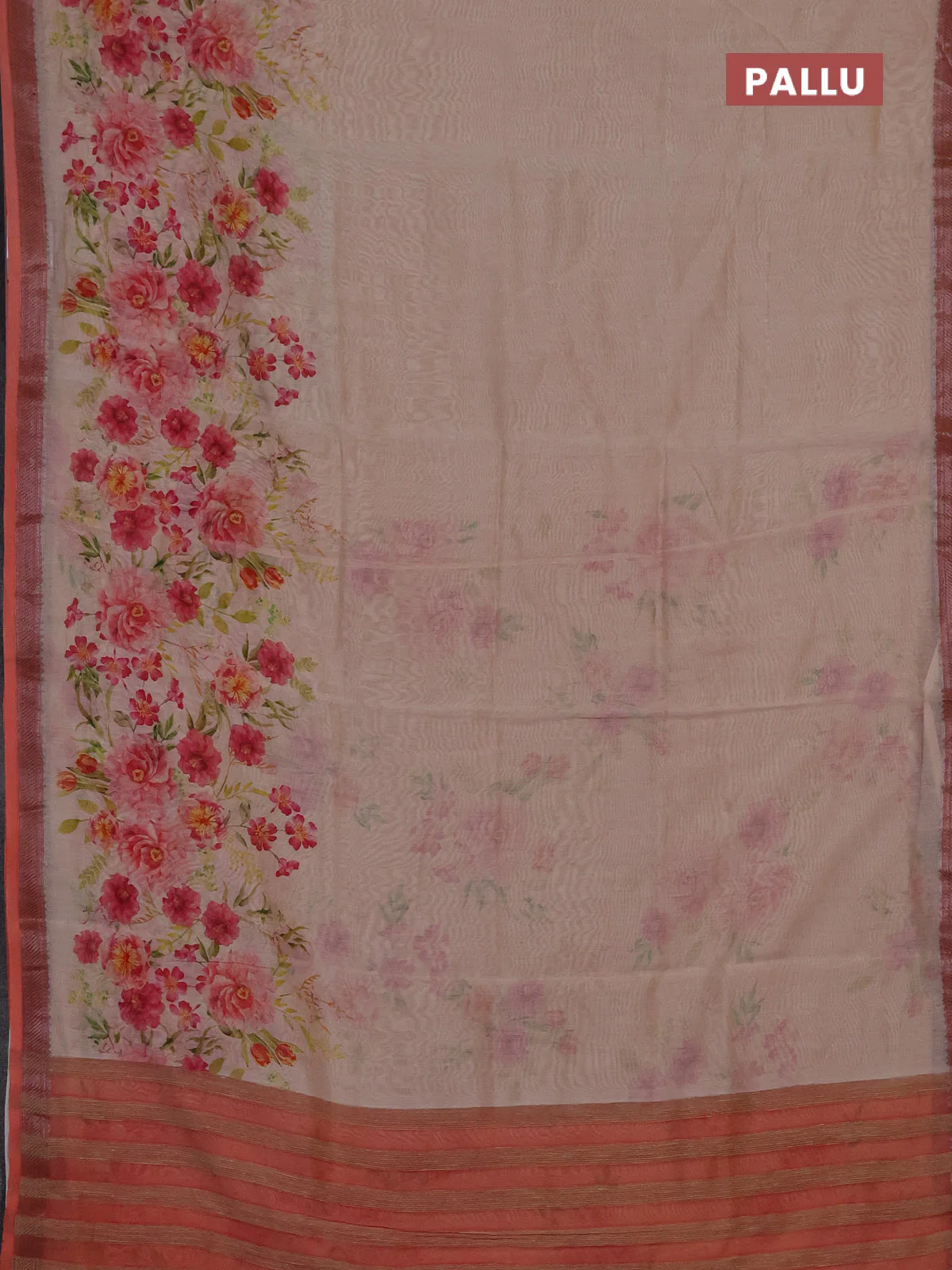 Chanderi silk cotton saree beige and peach with allover prints and banarasi style border - Image 3