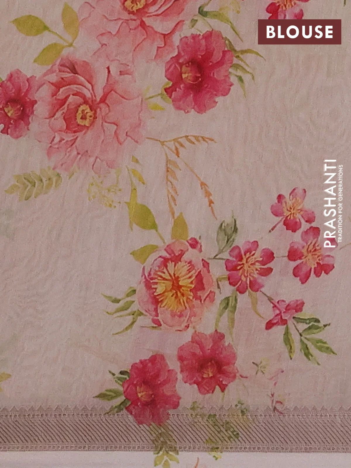 Chanderi silk cotton saree beige and peach with allover prints and banarasi style border - Image 4