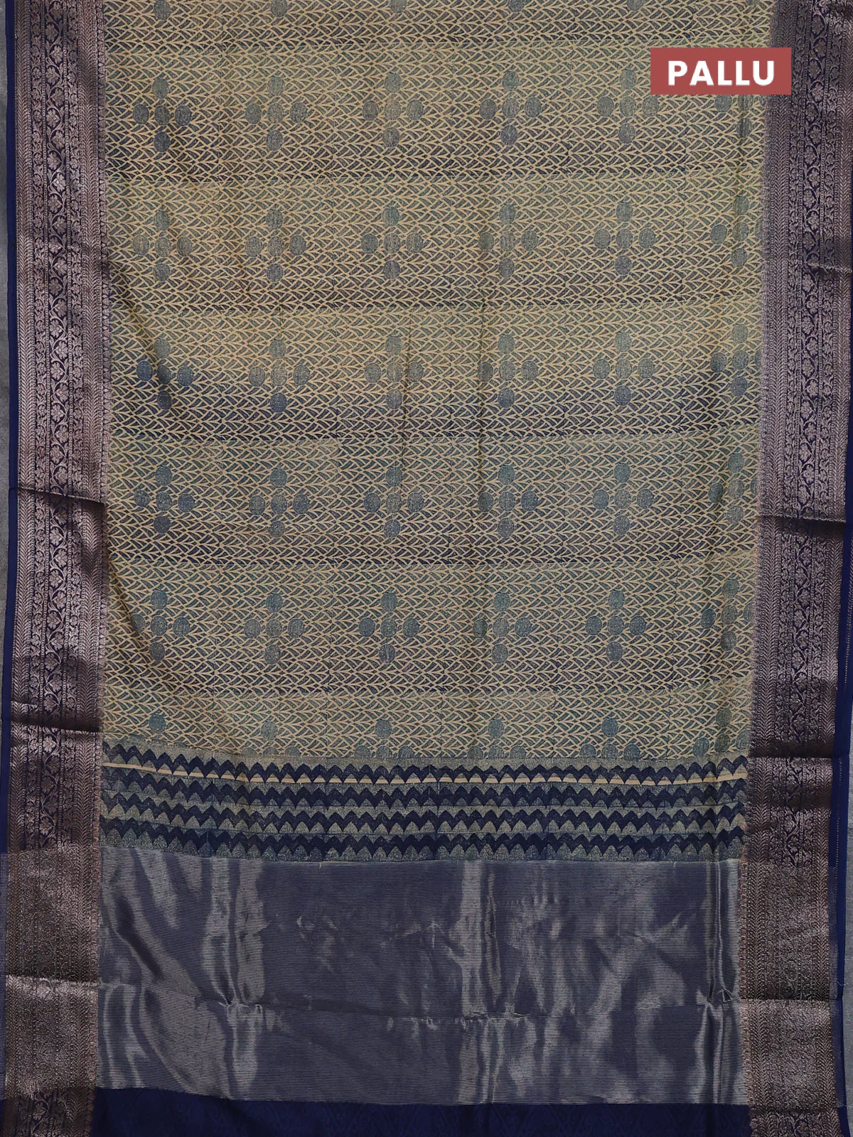 Chanderi silk cotton saree beige and peacock blue with allover prints and banarasi style border - Image 3