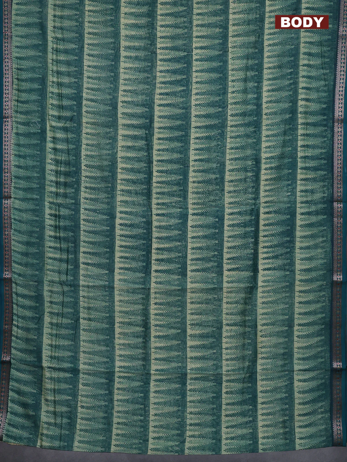 Chanderi silk cotton saree beige and peacock green with allover geometric prints and banarasi style border - Image 2