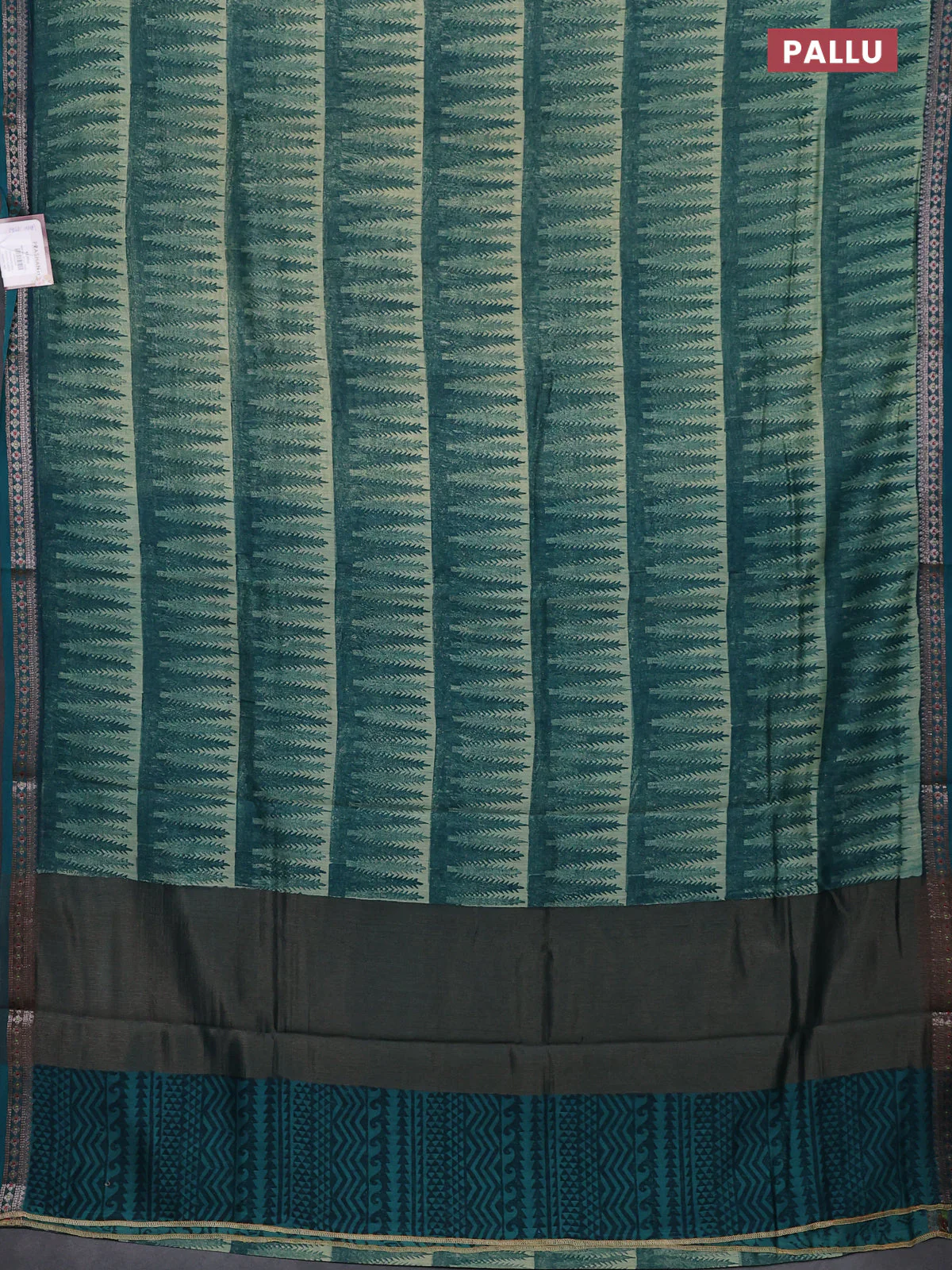 Chanderi silk cotton saree beige and peacock green with allover geometric prints and banarasi style border - Image 3