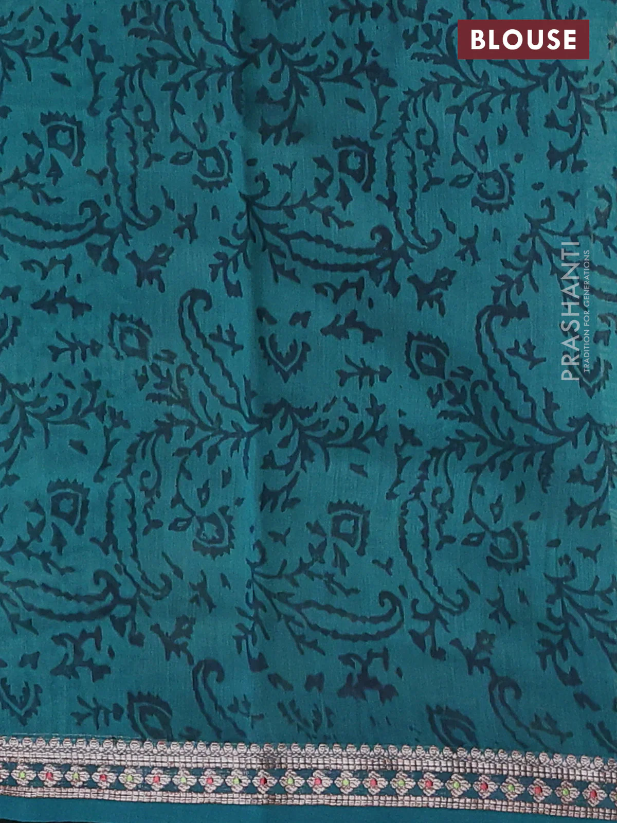 Chanderi silk cotton saree beige and peacock green with allover geometric prints and banarasi style border - Image 4
