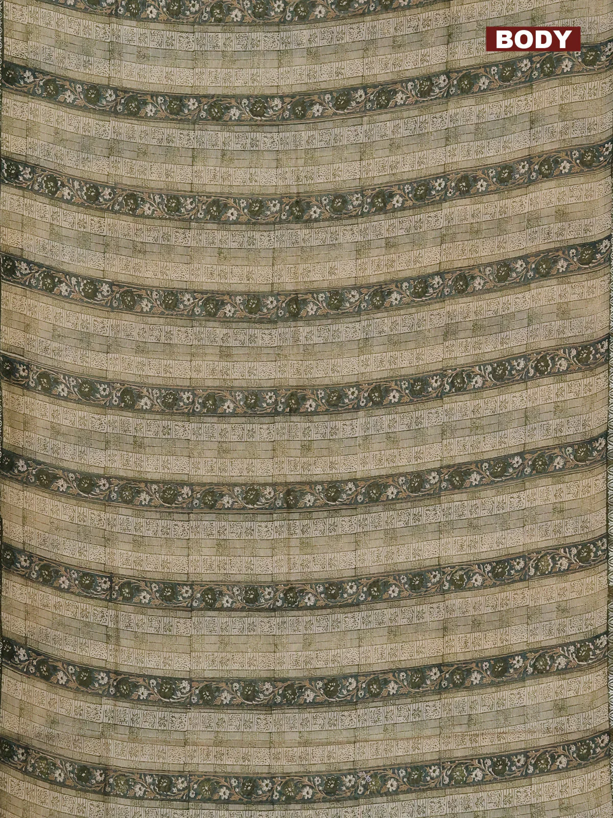 Chanderi silk cotton saree beige and sap green with allover prints and small zari woven border - Image 2