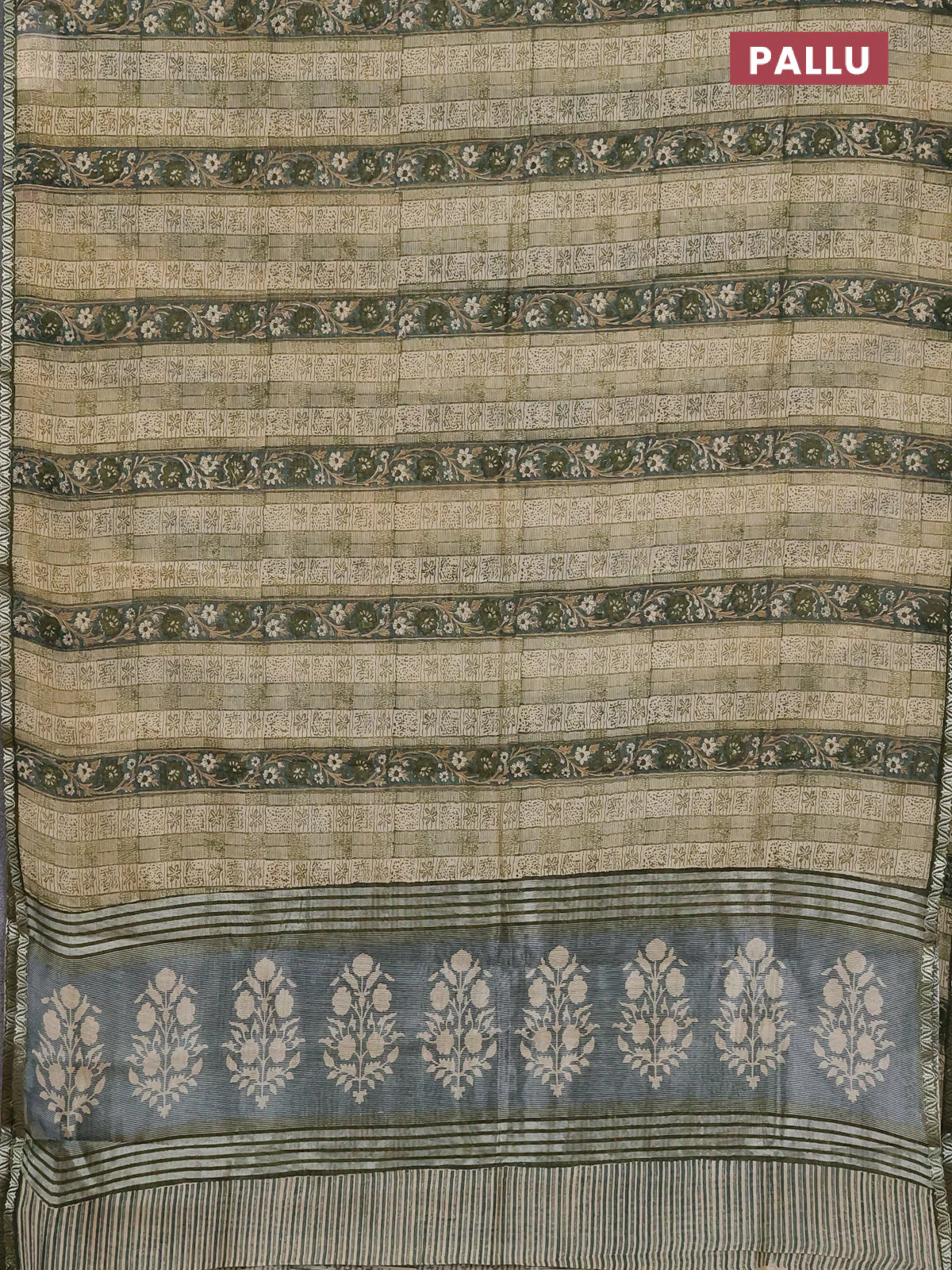 Chanderi silk cotton saree beige and sap green with allover prints and small zari woven border - Image 3