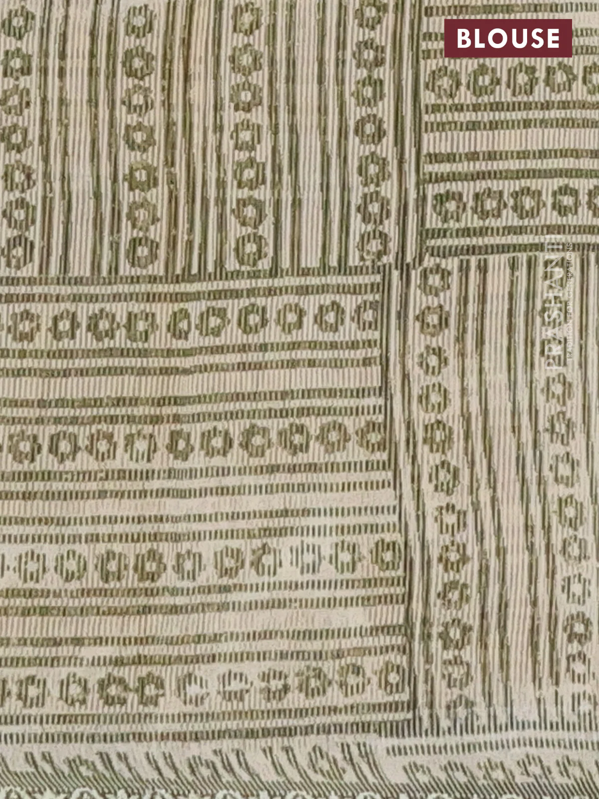 Chanderi silk cotton saree beige and sap green with allover prints and small zari woven border - Image 4