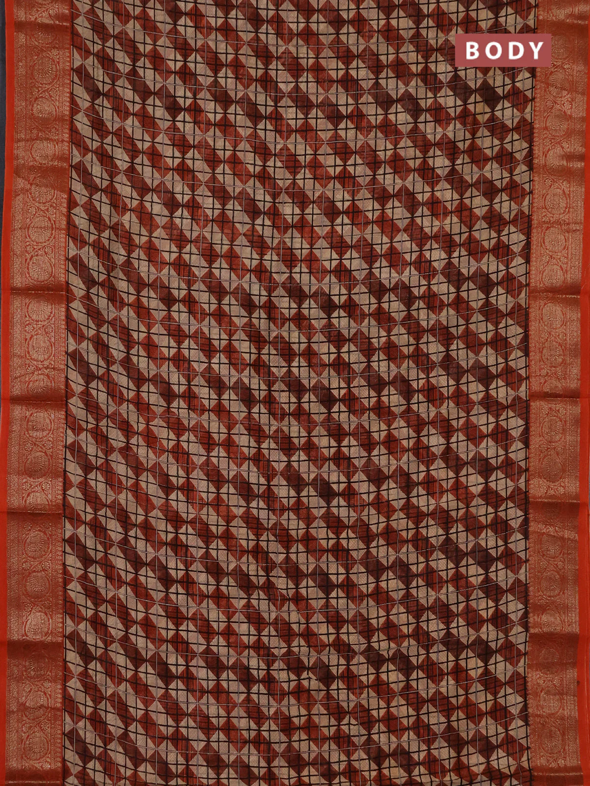 Chanderi silk cotton saree beige black and orange with allover geometric prints and banarasi style border - Image 2