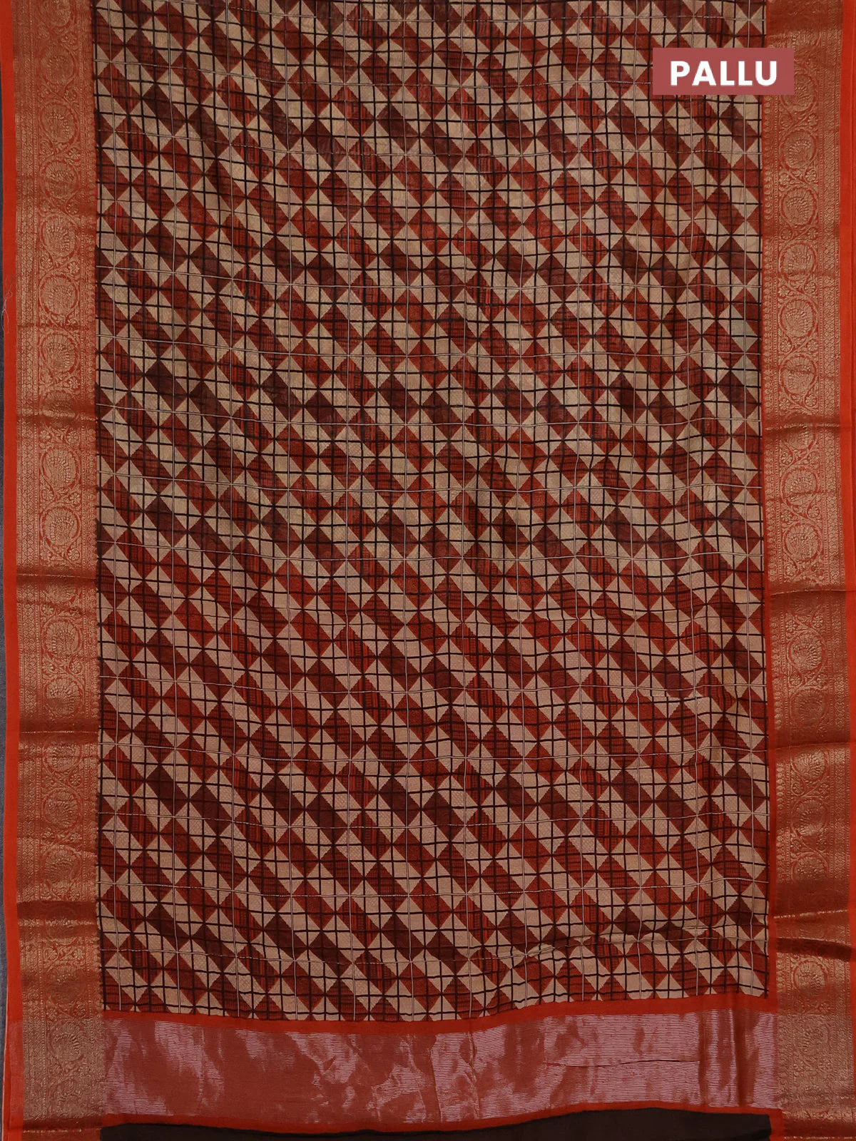 Chanderi silk cotton saree beige black and orange with allover geometric prints and banarasi style border - Image 3