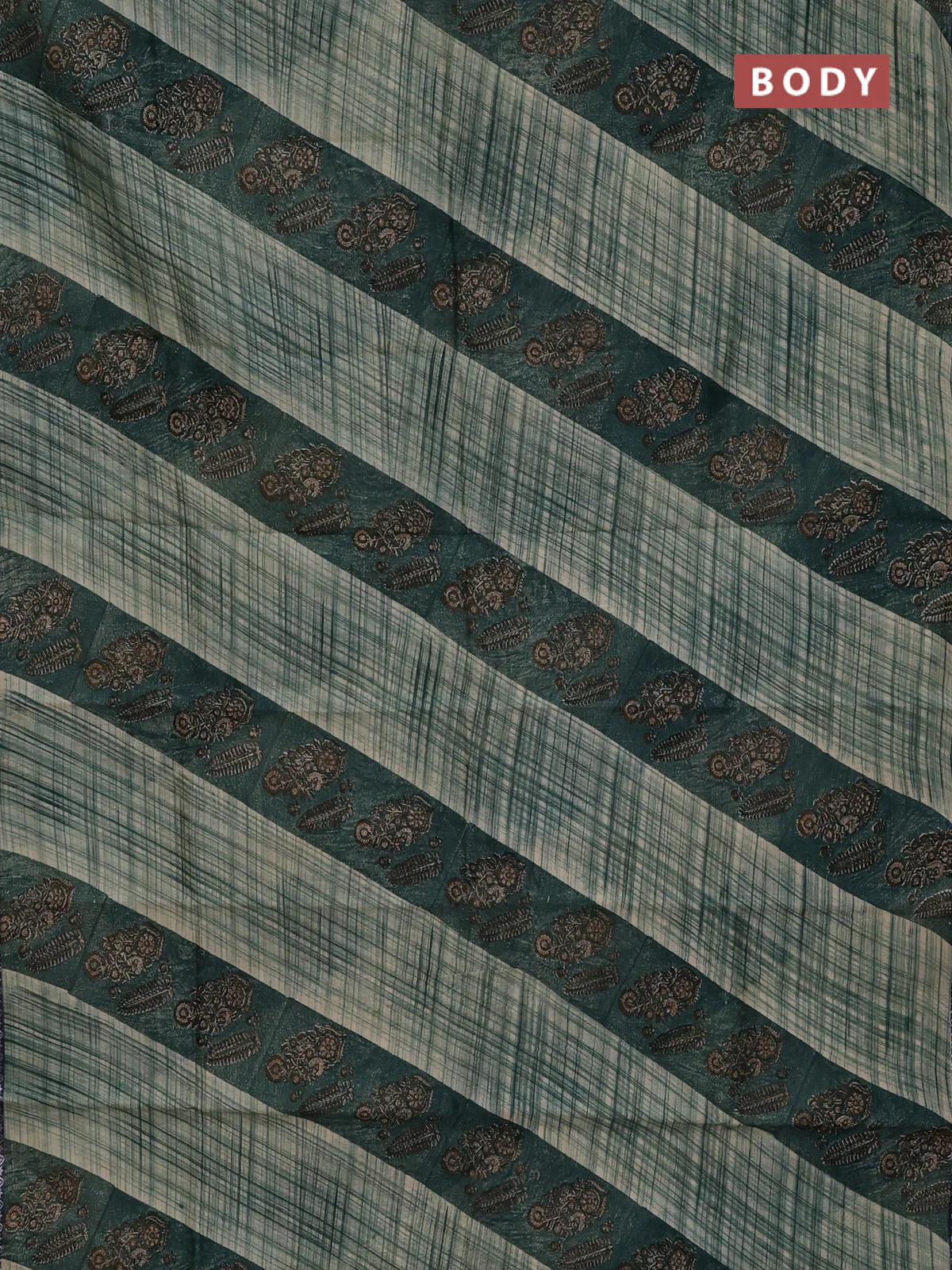Chanderi silk cotton saree beige green and blue with allover prints and small zari woven border - Image 2