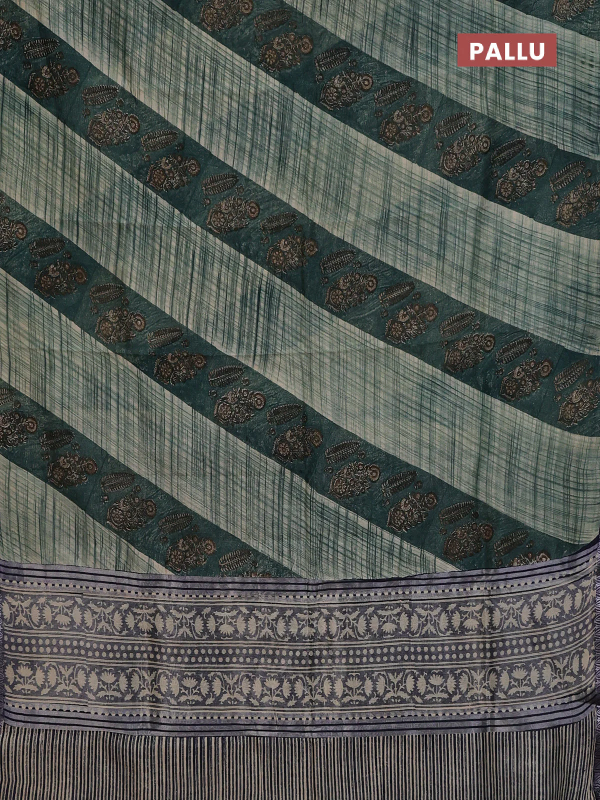Chanderi silk cotton saree beige green and blue with allover prints and small zari woven border - Image 3