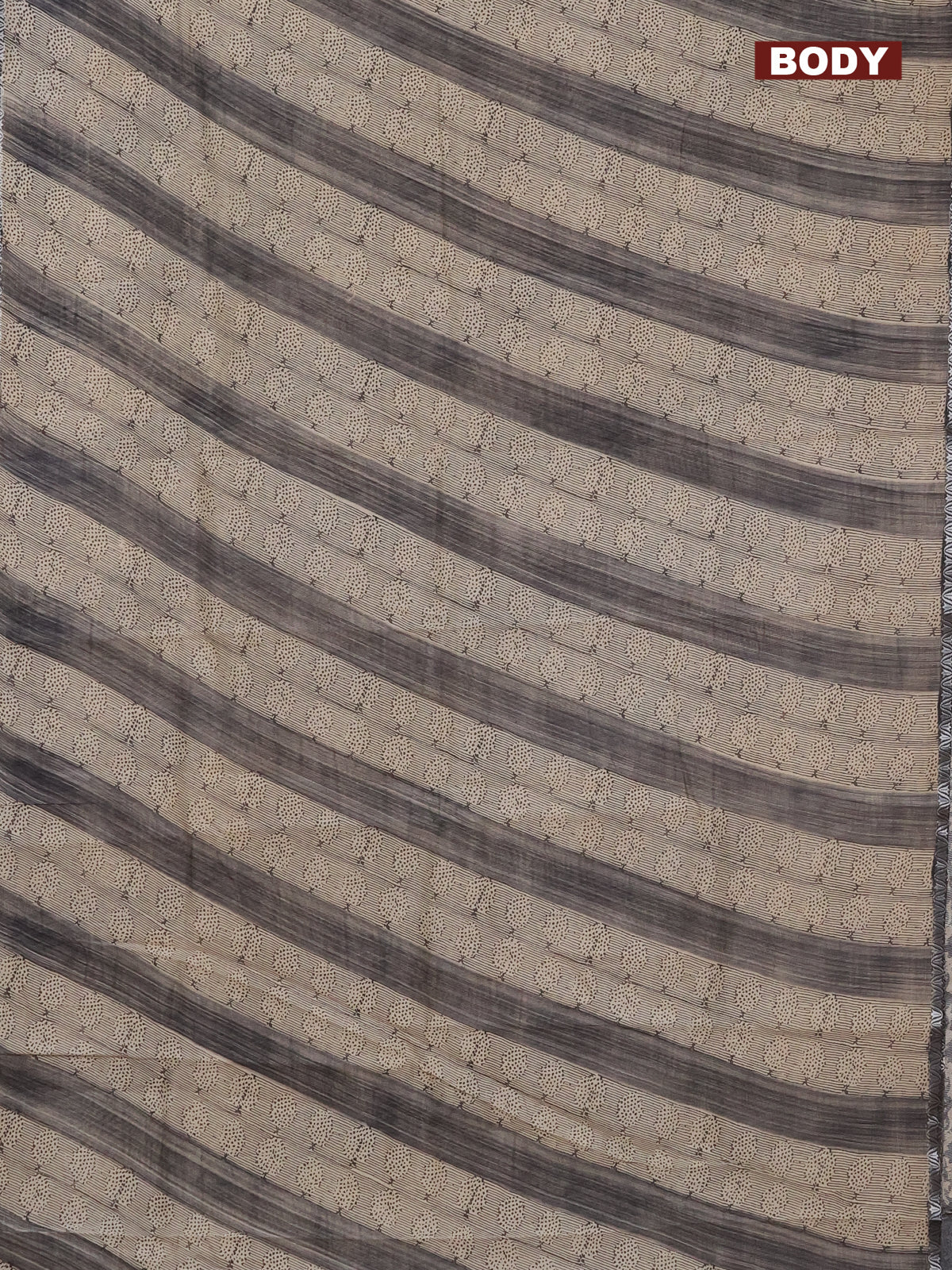 Chanderi silk cotton saree beige grey and black with allover prints and small zari woven border - Image 2