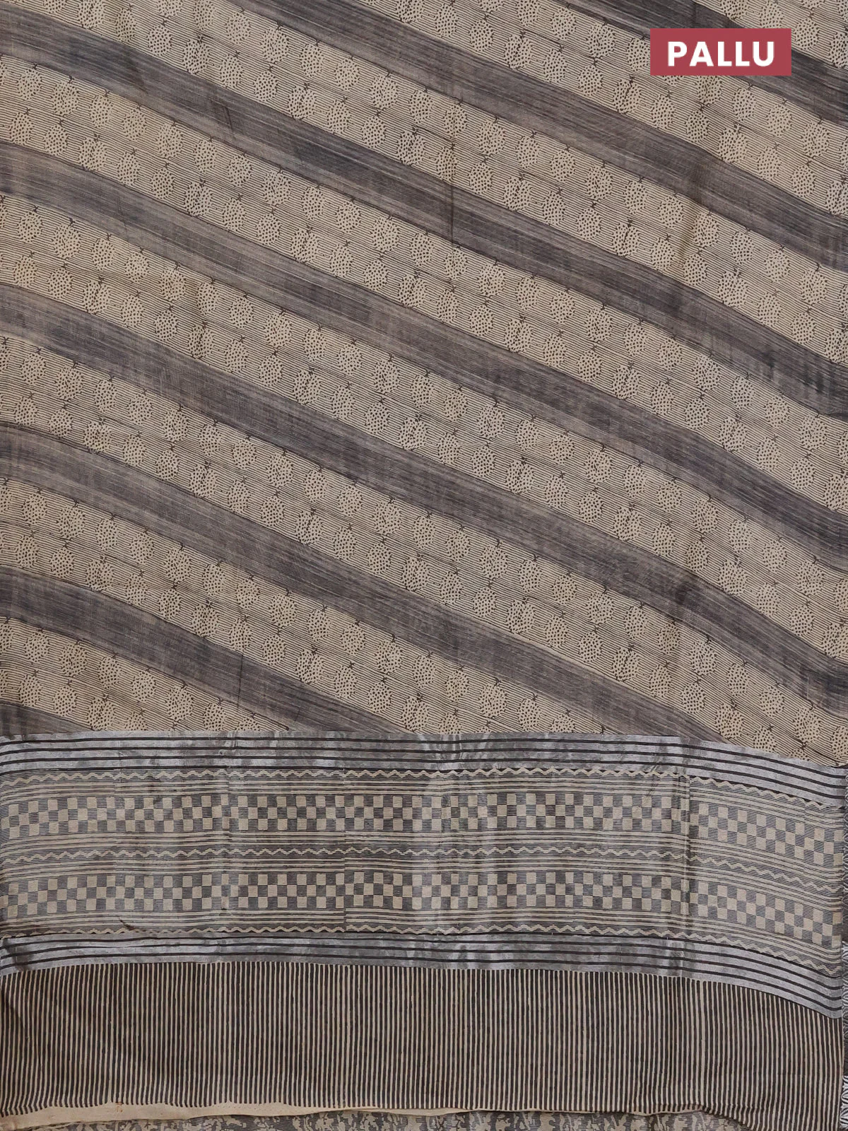 Chanderi silk cotton saree beige grey and black with allover prints and small zari woven border - Image 3