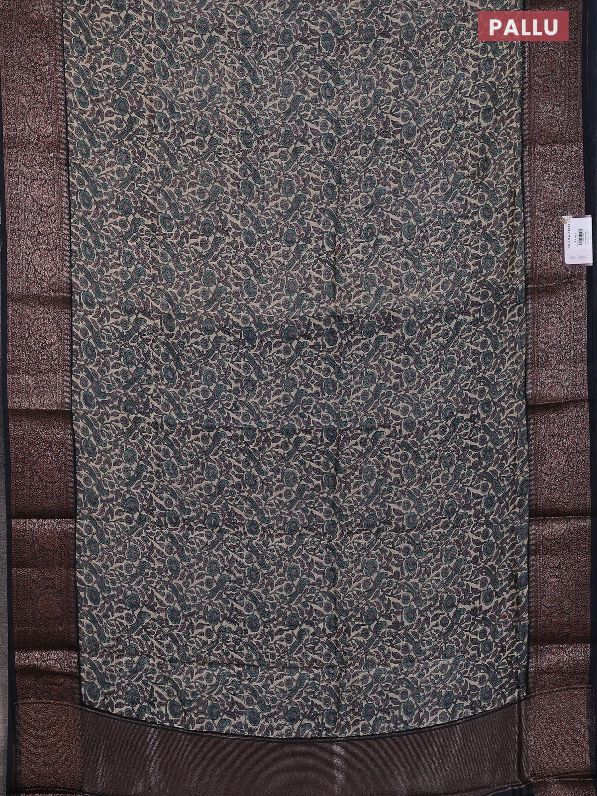 Chanderi silk cotton saree beige grey and elephnat grey with allover prints and banarsi style border - Image 3