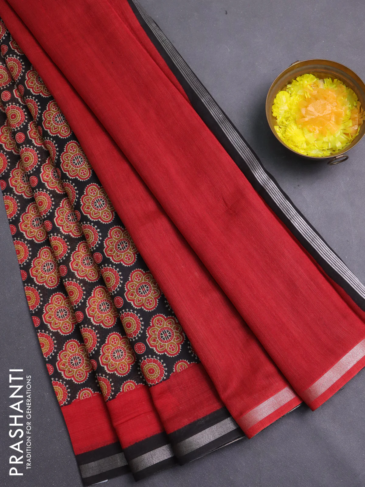 Chanderi silk cotton saree black and red with allover prints and zari woven borde