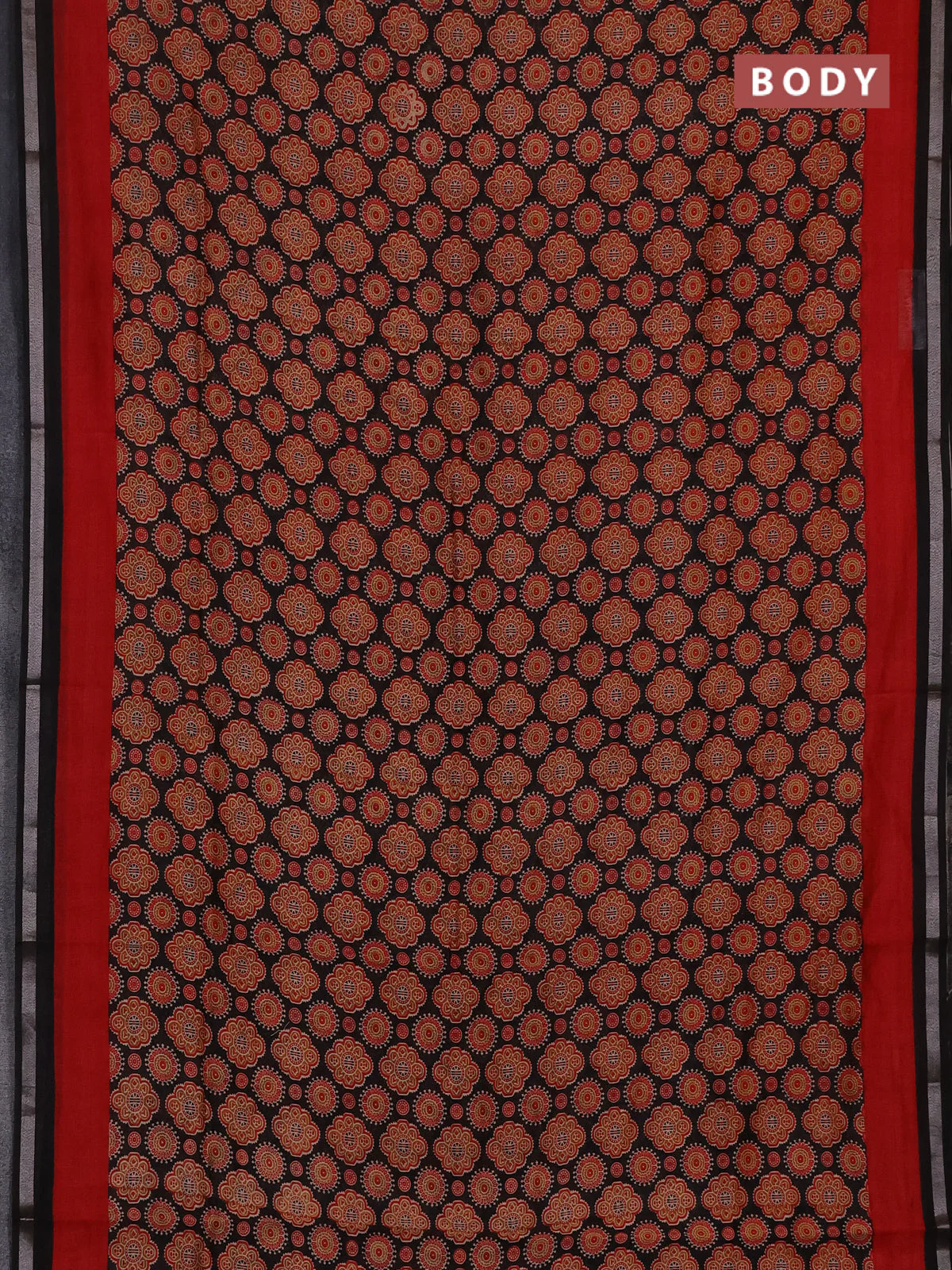 Chanderi silk cotton saree black and red with allover prints and zari woven borde - Image 2