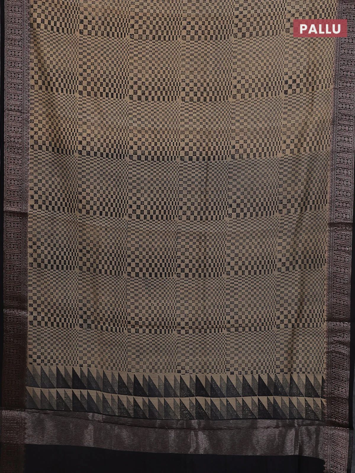 Chanderi silk cotton saree black with allover geometric prints and banarasi style border - Image 3
