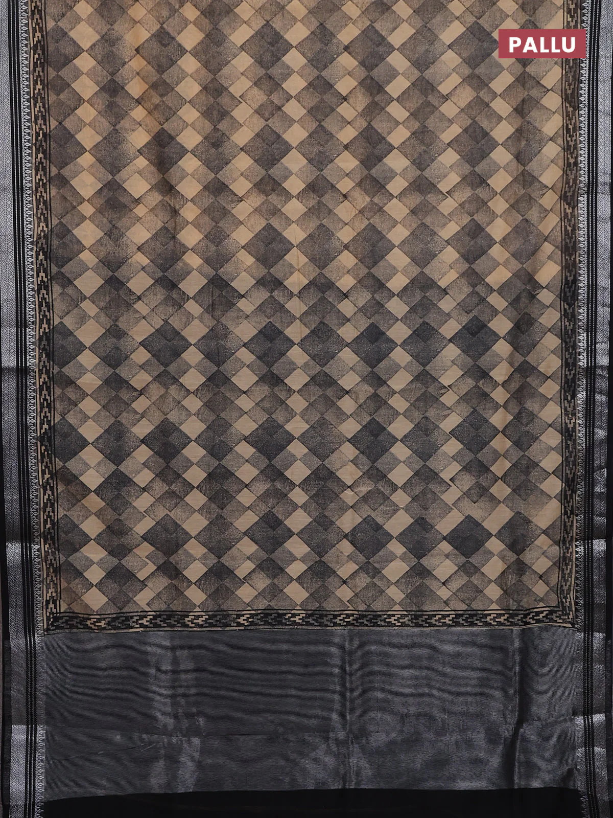 Chanderi silk cotton saree black with allover geometric prints and silver zari woven border - Image 3