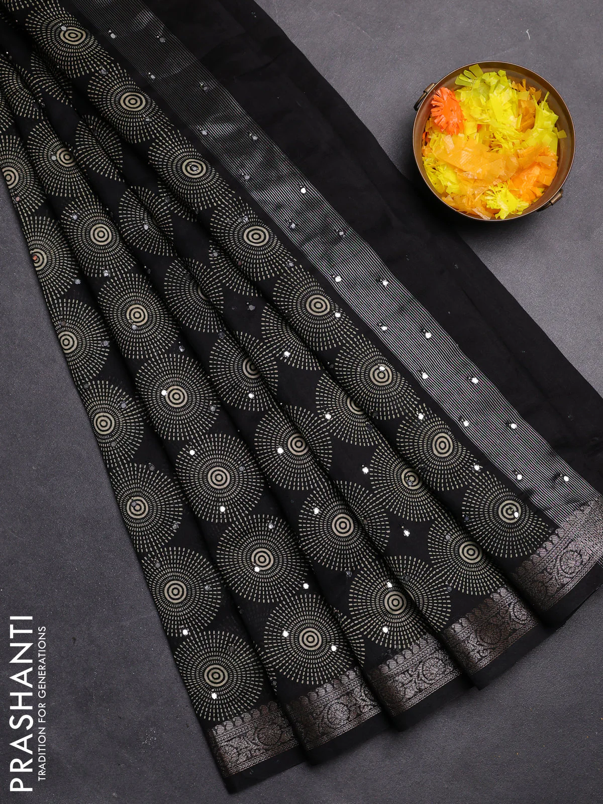 Chanderi silk cotton saree black with allover geometric prints & mirror work and zari woven border