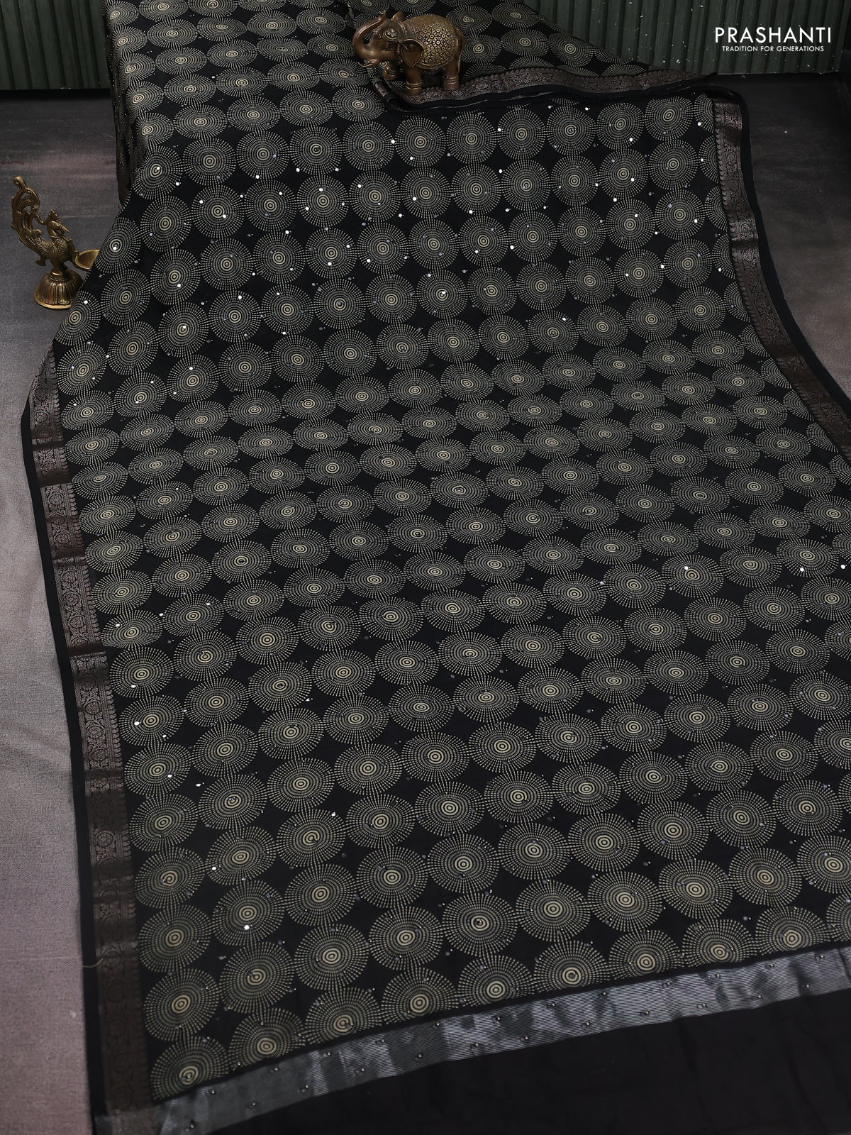 Chanderi silk cotton saree black with allover geometric prints & mirror work and zari woven border - Image 2
