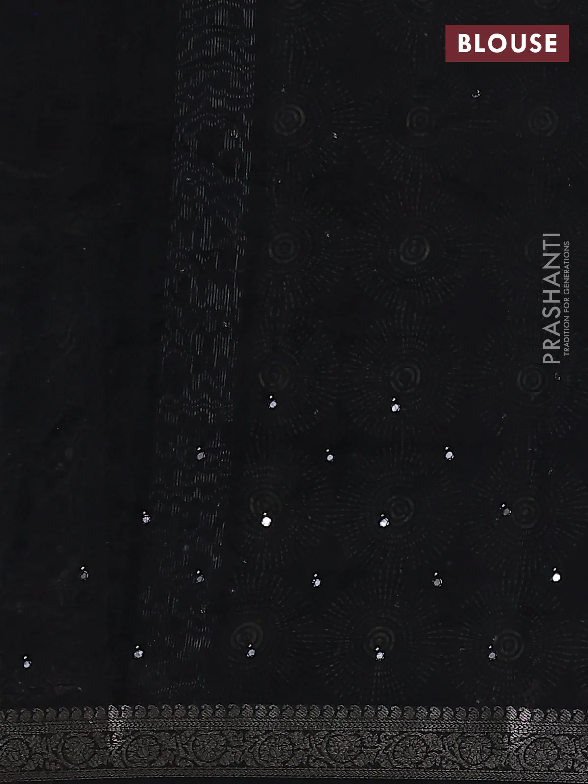 Chanderi silk cotton saree black with allover geometric prints & mirror work and zari woven border - Image 3
