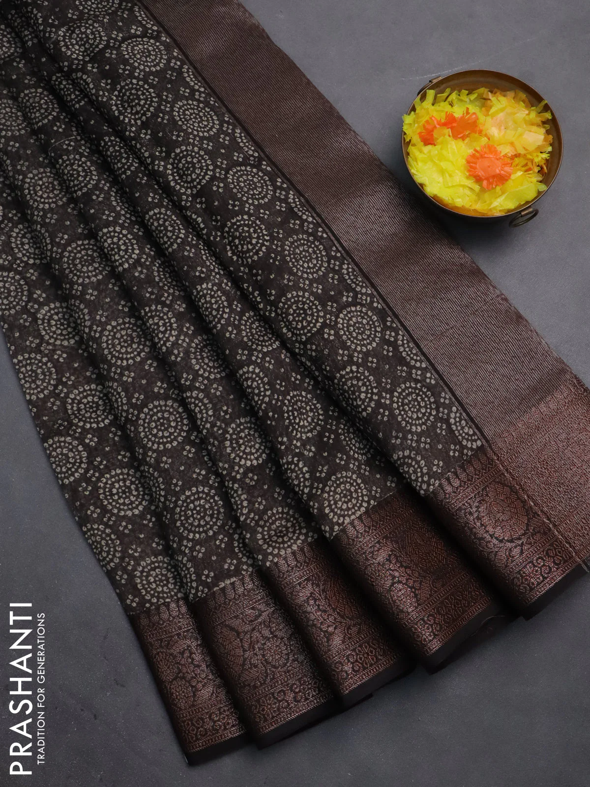 Chanderi silk cotton saree black with allover prints and banarasi style border