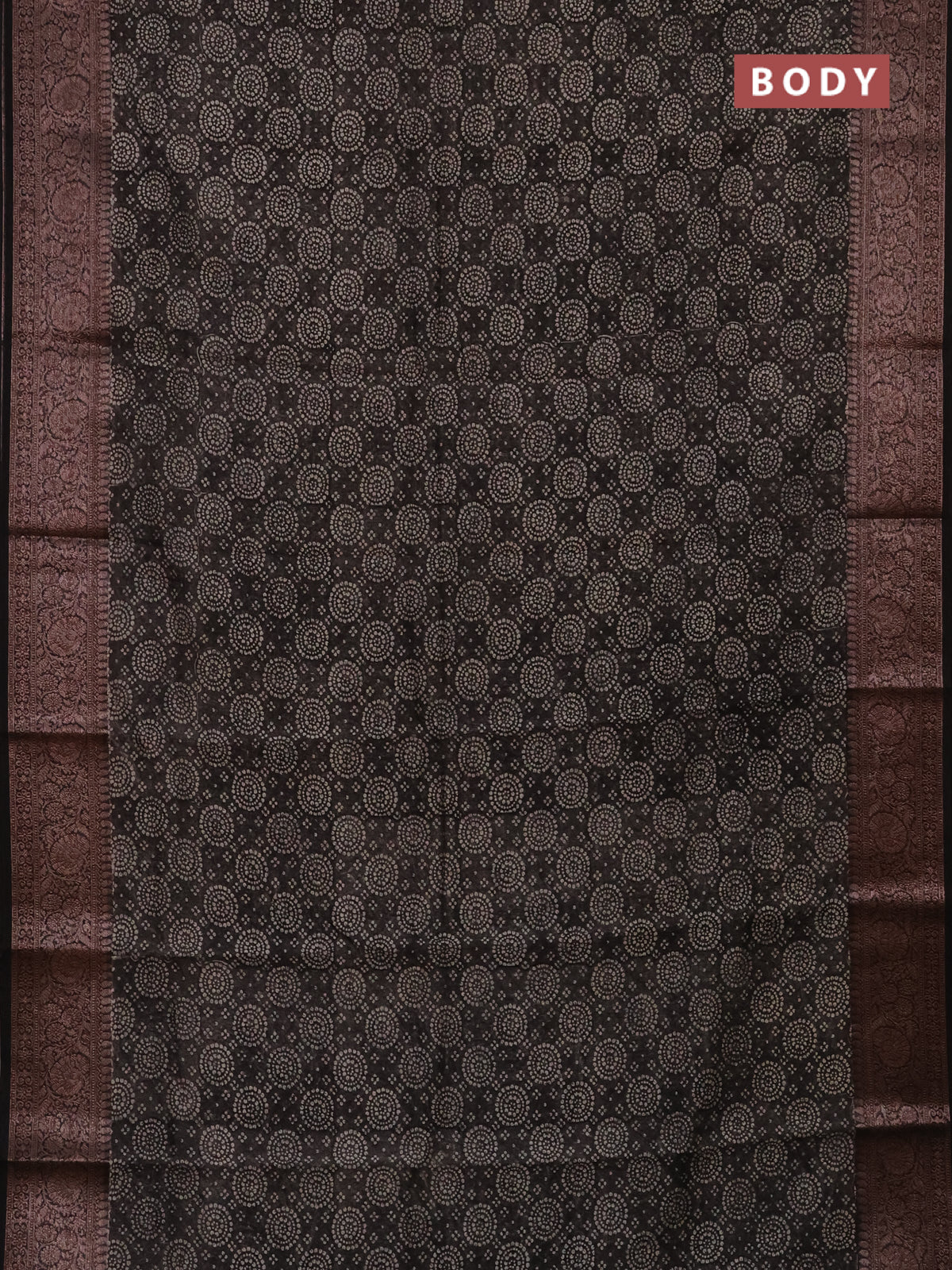 Chanderi silk cotton saree black with allover prints and banarasi style border - Image 2