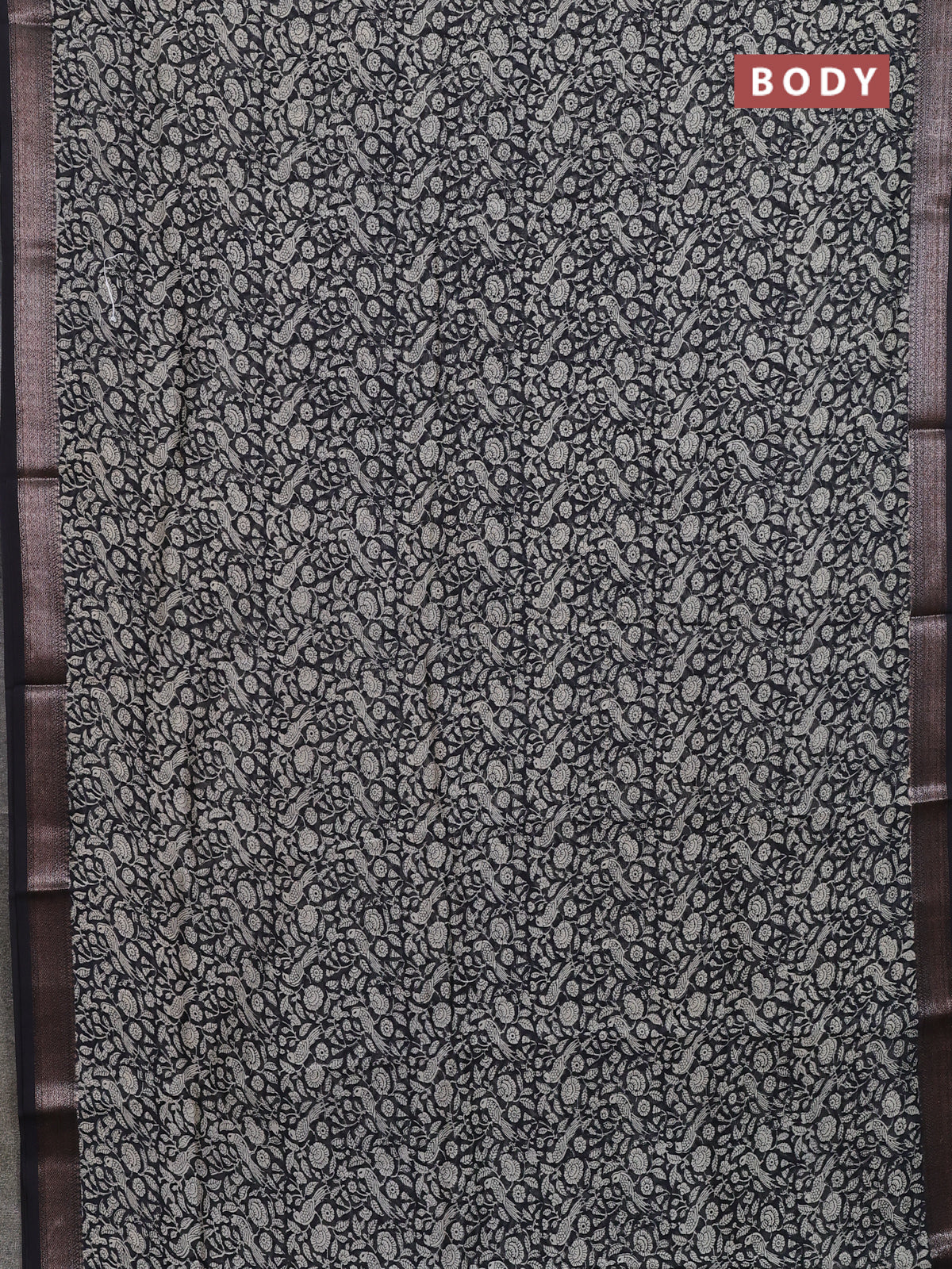 Chanderi silk cotton saree black with allover prints and banarasi style border - Image 2