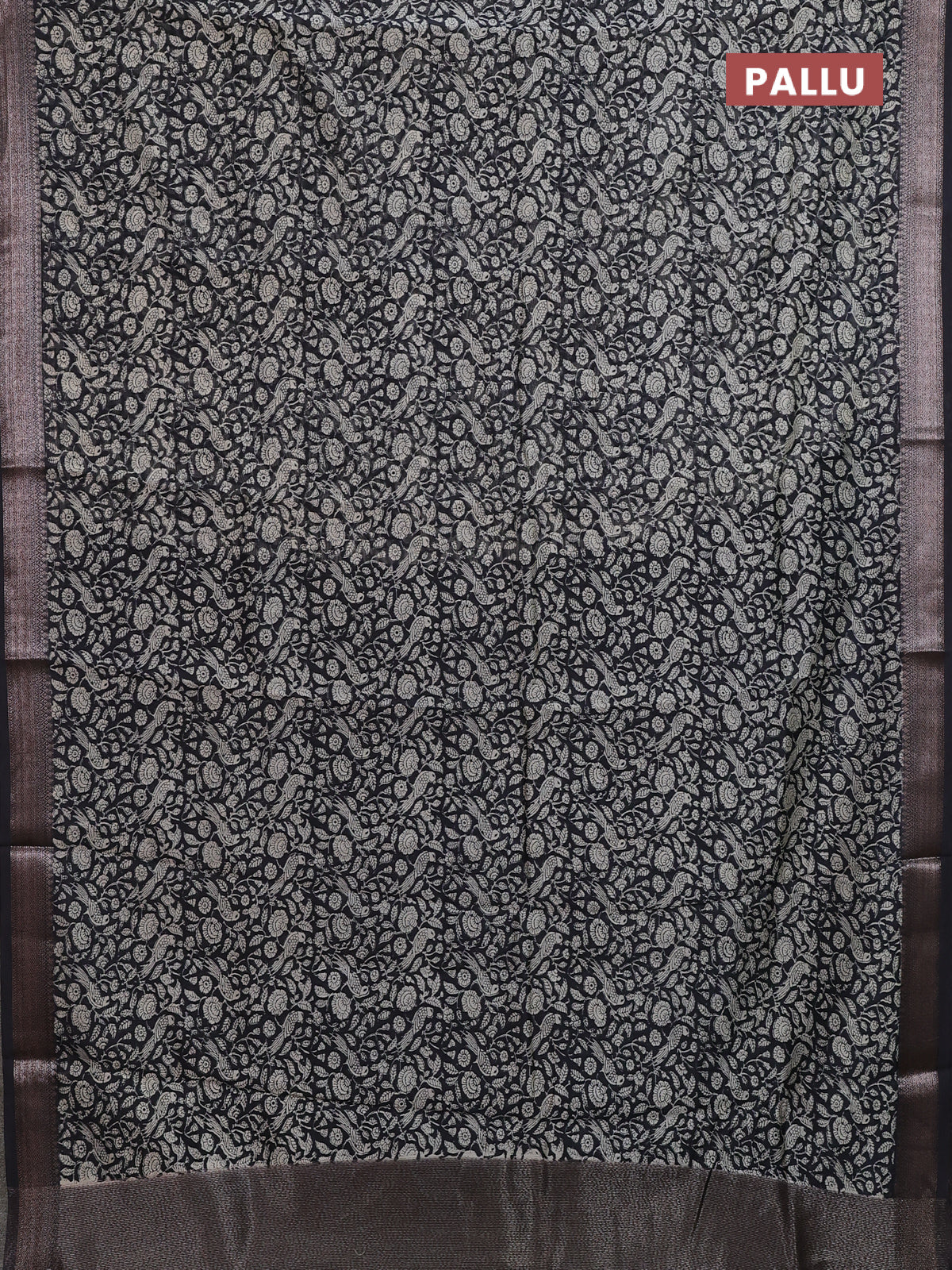 Chanderi silk cotton saree black with allover prints and banarasi style border - Image 3