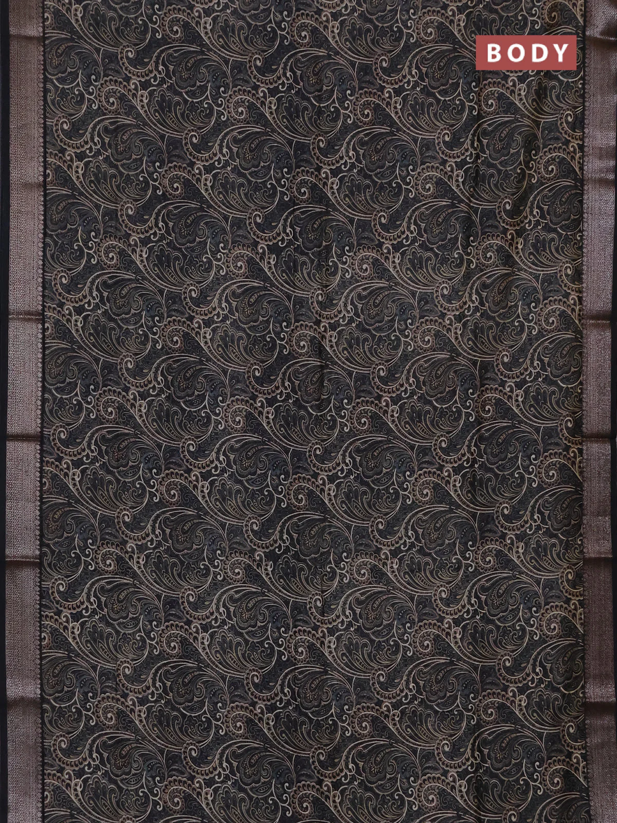 Chanderi silk cotton saree black with allover prints and banarasi style border - Image 2