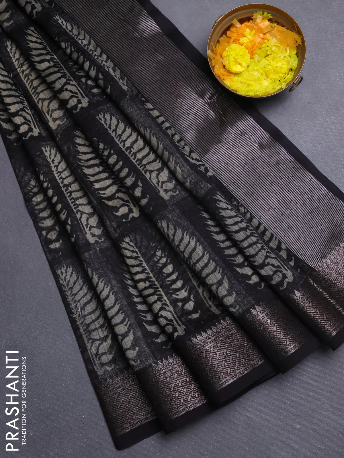 Chanderi silk cotton saree black with allover prints and banarasi style border