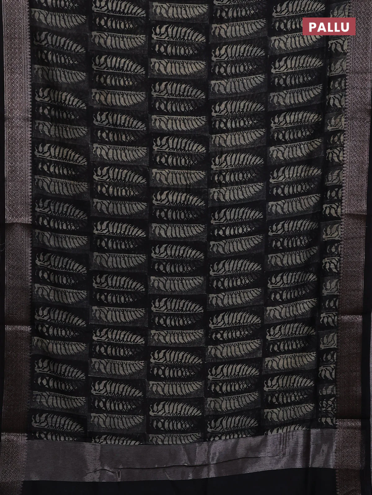 Chanderi silk cotton saree black with allover prints and banarasi style border - Image 3