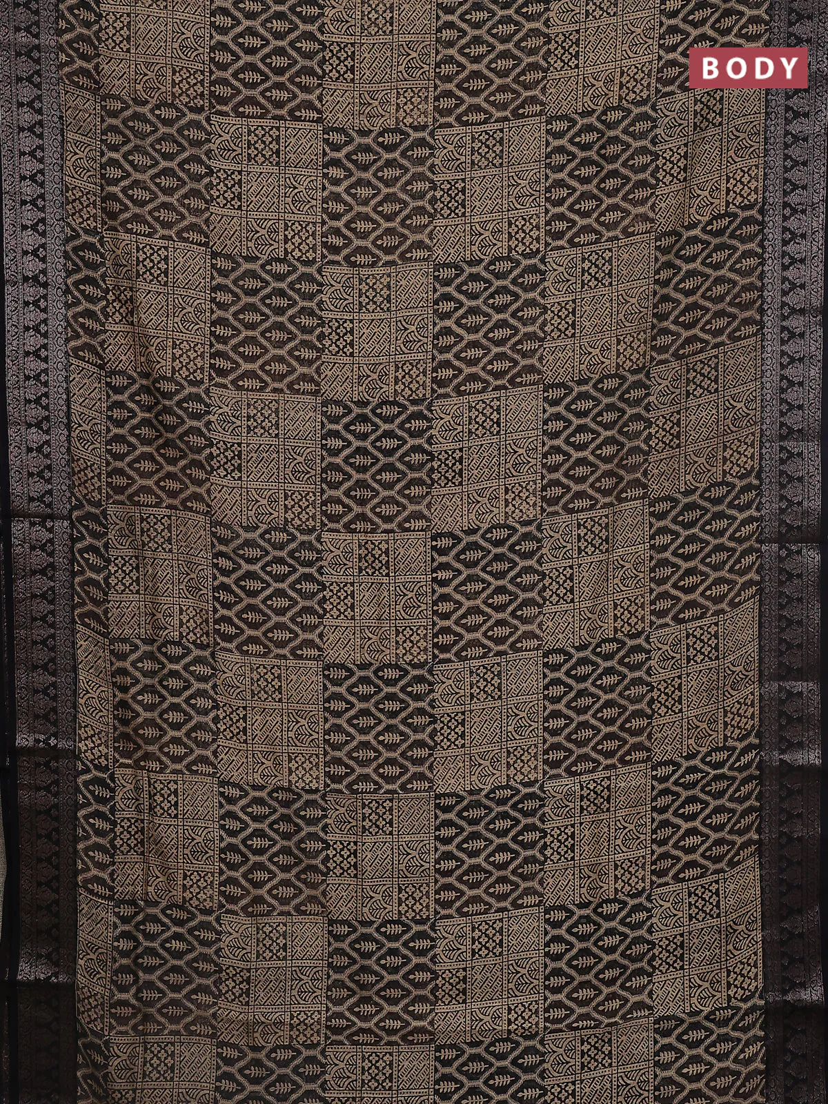 Chanderi silk cotton saree black with allover prints and banarasi style border - Image 2