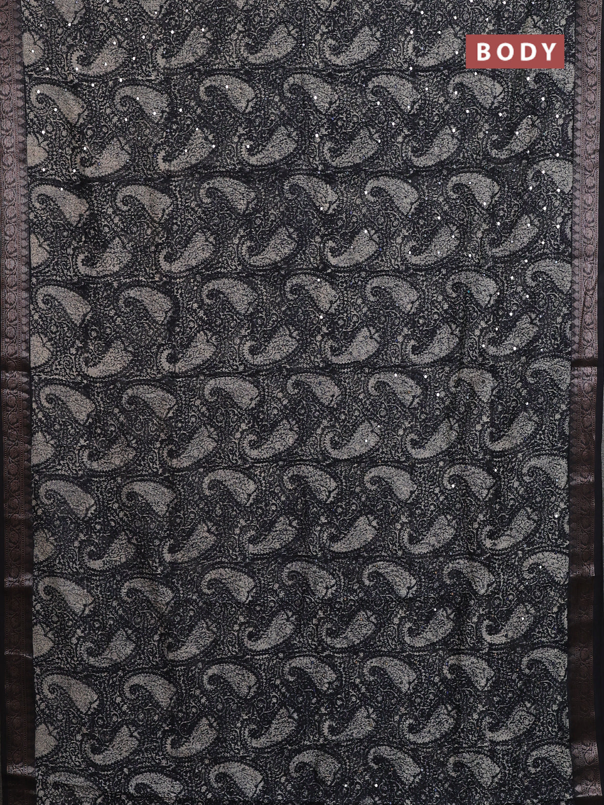 Chanderi silk cotton saree black with allover prints & mirror work and banarasi style border - Image 2