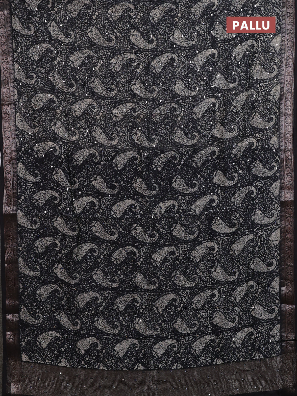 Chanderi silk cotton saree black with allover prints & mirror work and banarasi style border - Image 3