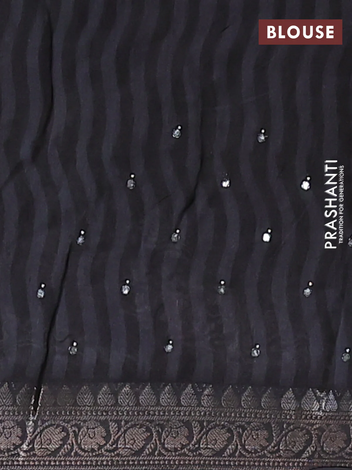 Chanderi silk cotton saree black with allover prints & mirror work and banarasi style border - Image 4